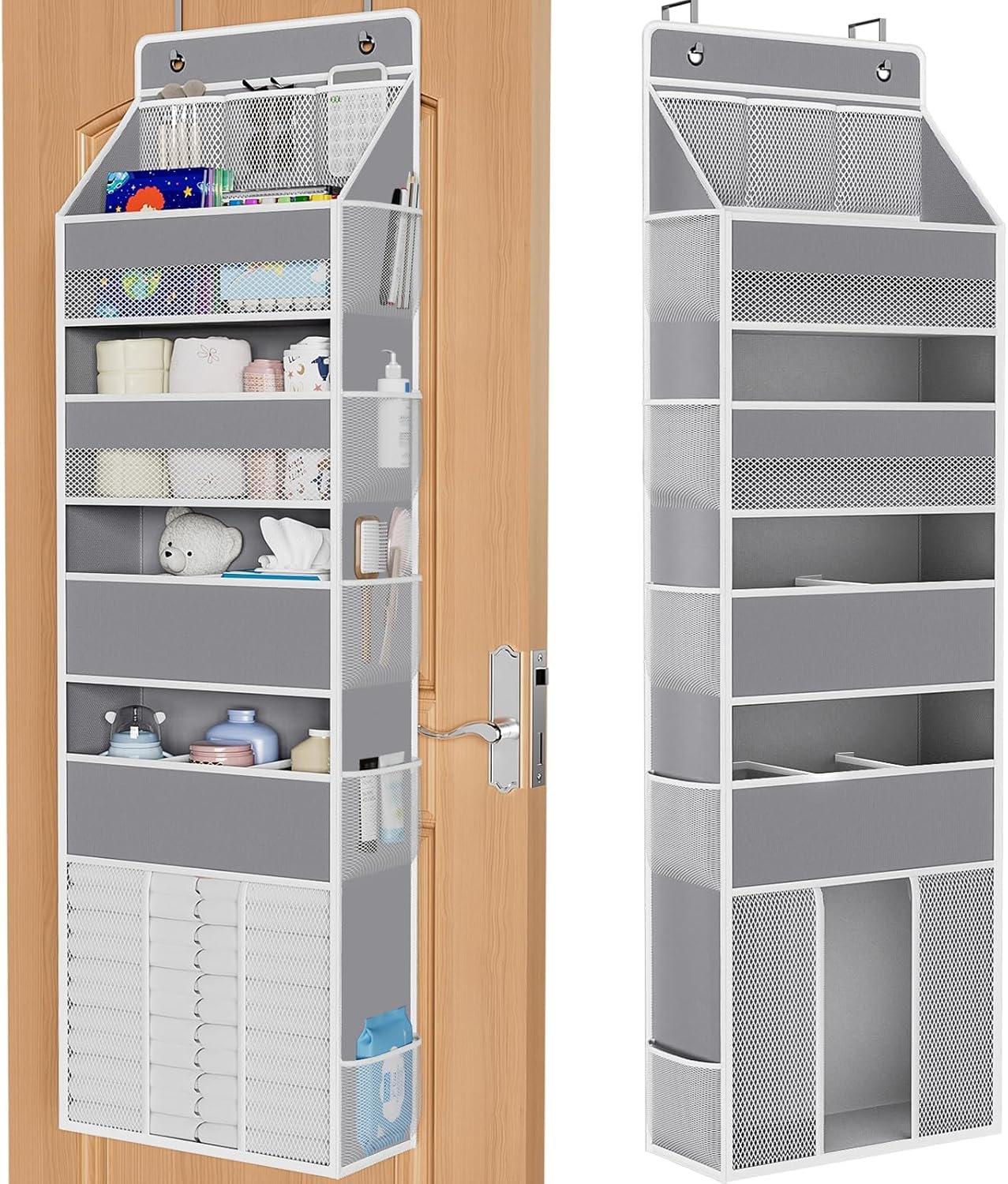 WISELIFE 5-Tier Over the Door Organizer for Nursery Hanging, Gray | Multi-Pocket Back of Door Baby Organizer for Diapers, Clothes & Nursery Essentials, Heavy-Duty Large Capacity, 50 Lb Capacity