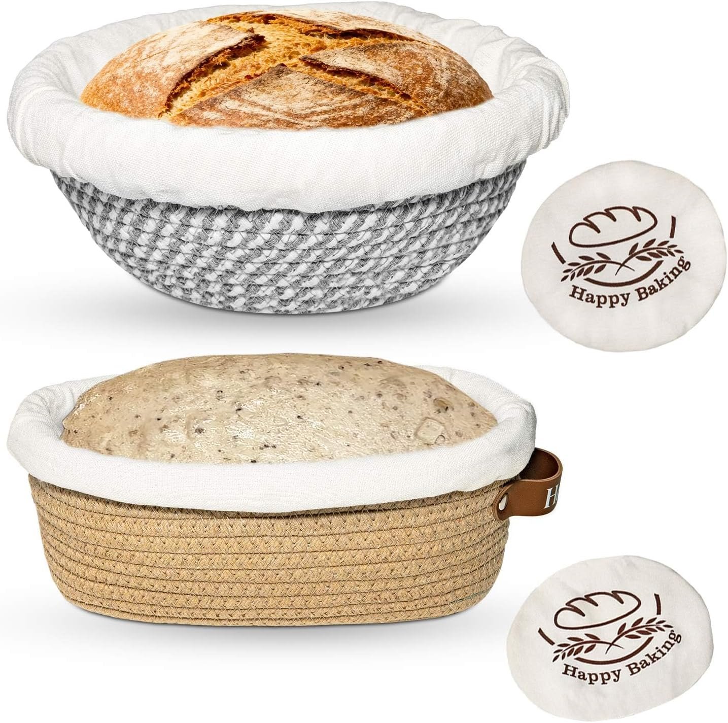 Banneton Bread Proofing Basket Sourdough Basket Cotton Rope Bread Baskets | Howasai Sourdough Proofing Basket, 9”Round & 10”Oval Banneton Baskets With Liners & Covers, Cotton Rope Bread Baskets