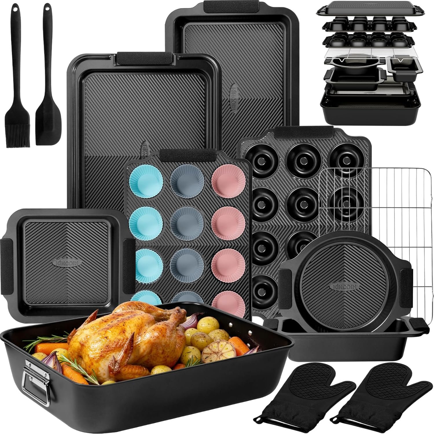 Kikcoin 25-Piece Nonstick Baking Pans Set with Large Turkey Roasting Pan, Stackable Bakeware Set, 450°F Oven Safe Baking Sheet Set with Silicone Handles, Carbon Steel Cookie Sheets for Baking, Black