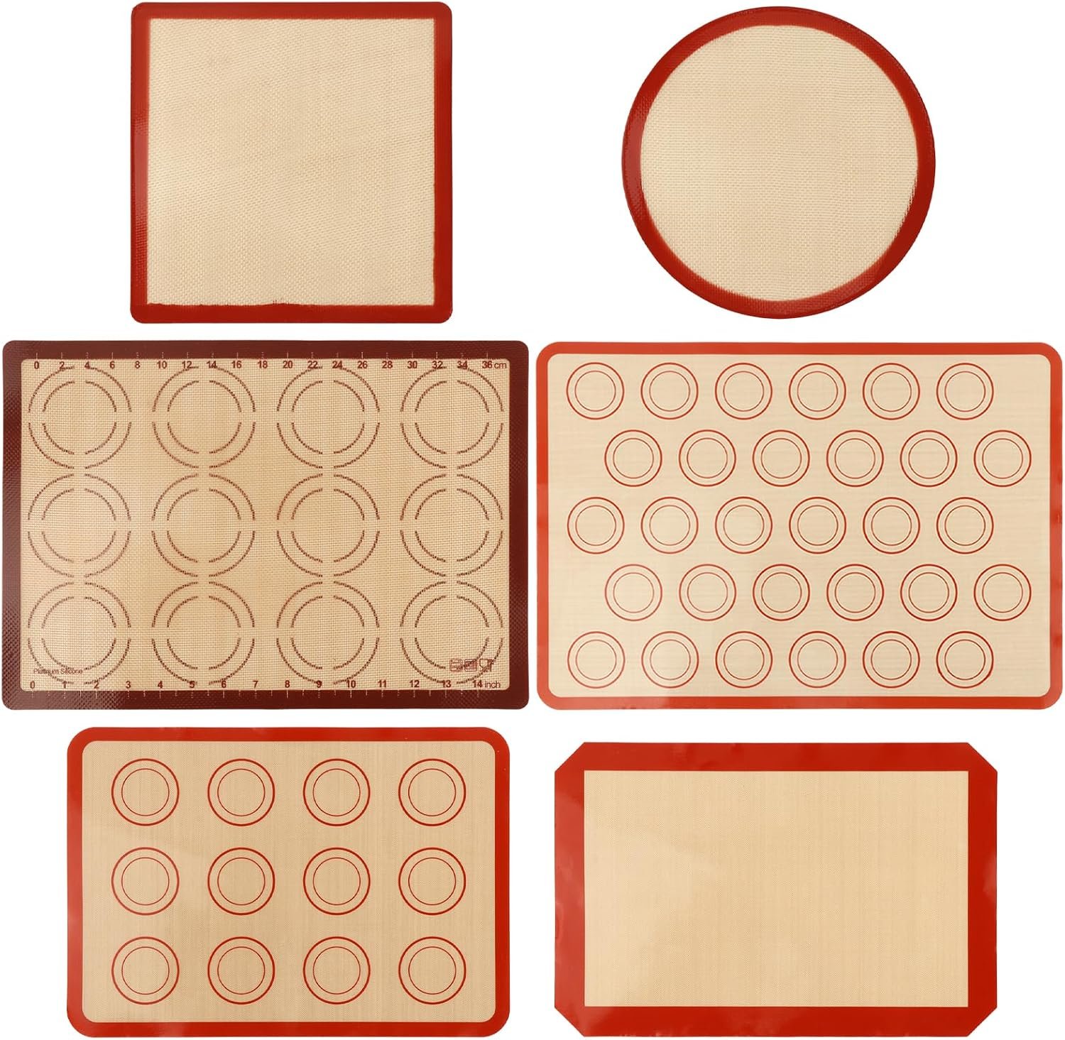 Silicone Baking Mat Set of 6, Extra Thick Silicone Mats, Food Grade Non-stick Reusable Baking Mat, Heat Resistant -40°F to 446°F, Round & Square Cake Pan Mat for Macarons, Cookies, Pizza, Bread