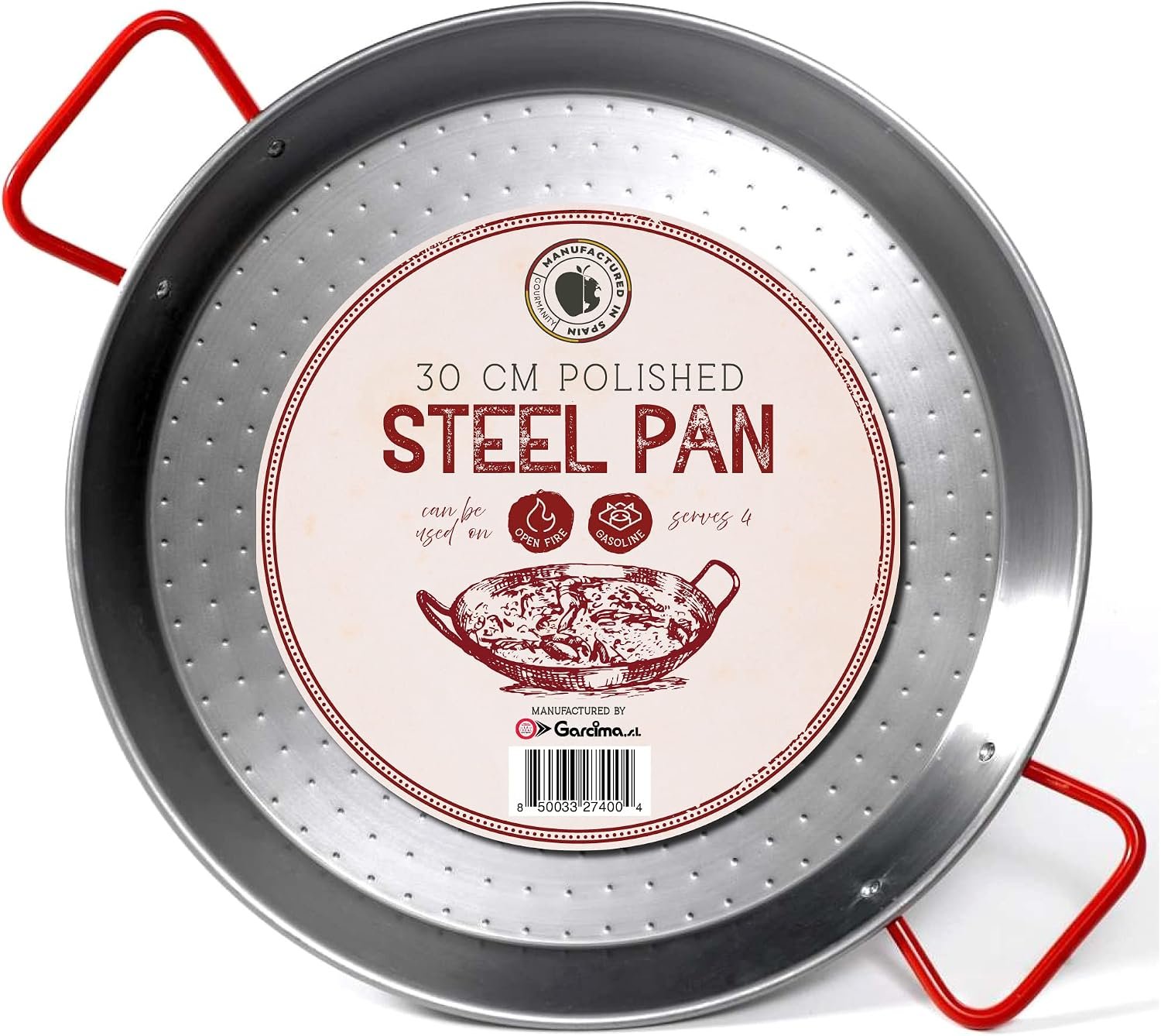 Gourmanity 12 inch Carbon Steel Paella Pan, 30cm, by Garcima | Polished carbon steel paellera imported from Spain, great for paella parties indoors, outdoors, camping