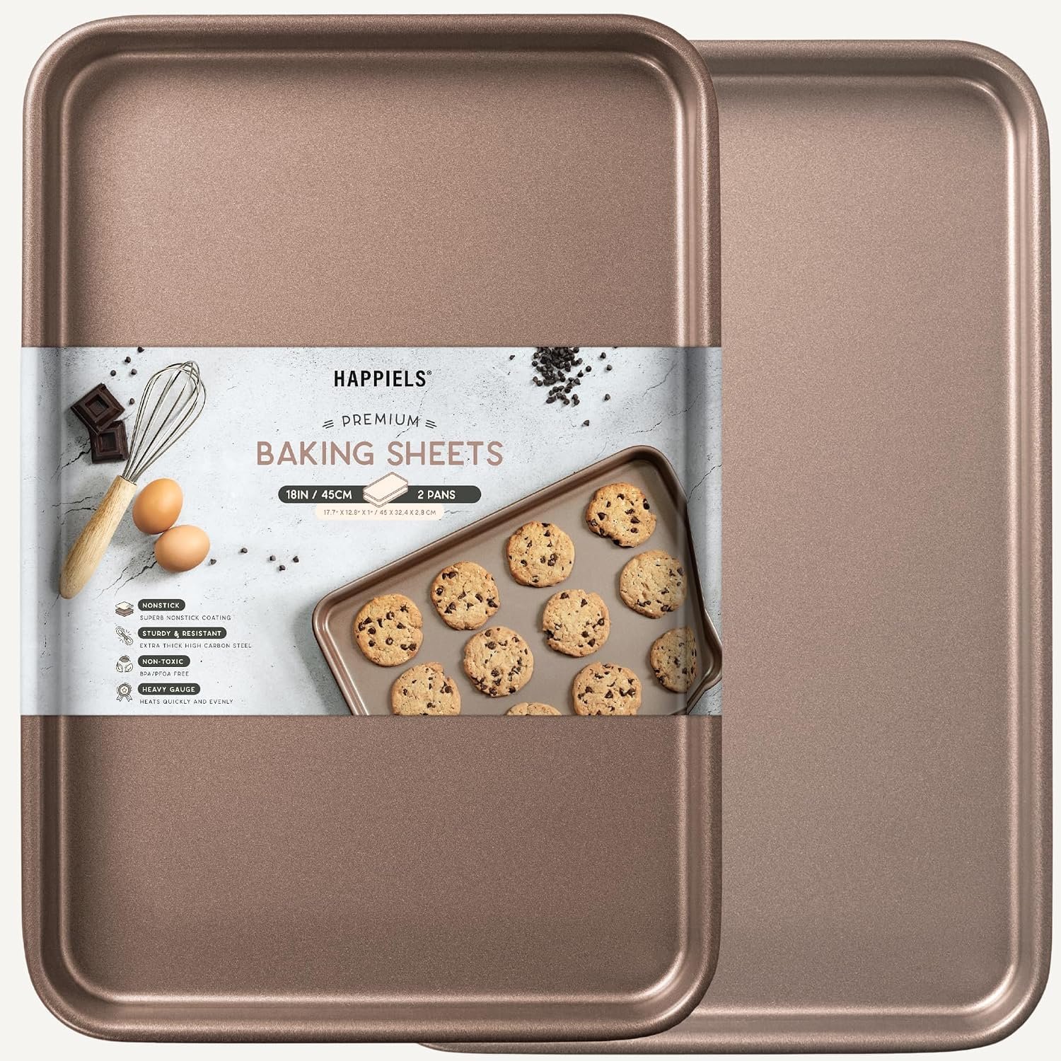 Nonstick Baking Sheet Set of 2 | PFOA & BPA Free Non Toxic Carbon Steel Cookie Sheets | Best Non Stick Oven Cooking Pans & Half Sheet Pan | Best Nontoxic Baking Trays 18 Inch | | Non-Toxic – High Carbon Steel – Gold – Cookie Baking Sheets for Oven