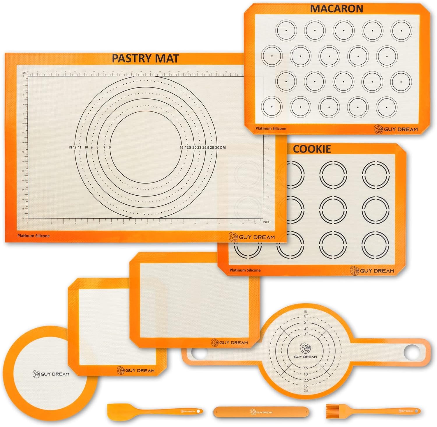 GUY DREAM All-in-One Silicone Baking Mat Set – Kneading Mat, Cookie & Macaron Half Sheet, 1/4 Sheet Mat, Square & Round Cake Mats, Artisan Bread Sling- Ideal Gift for Baking