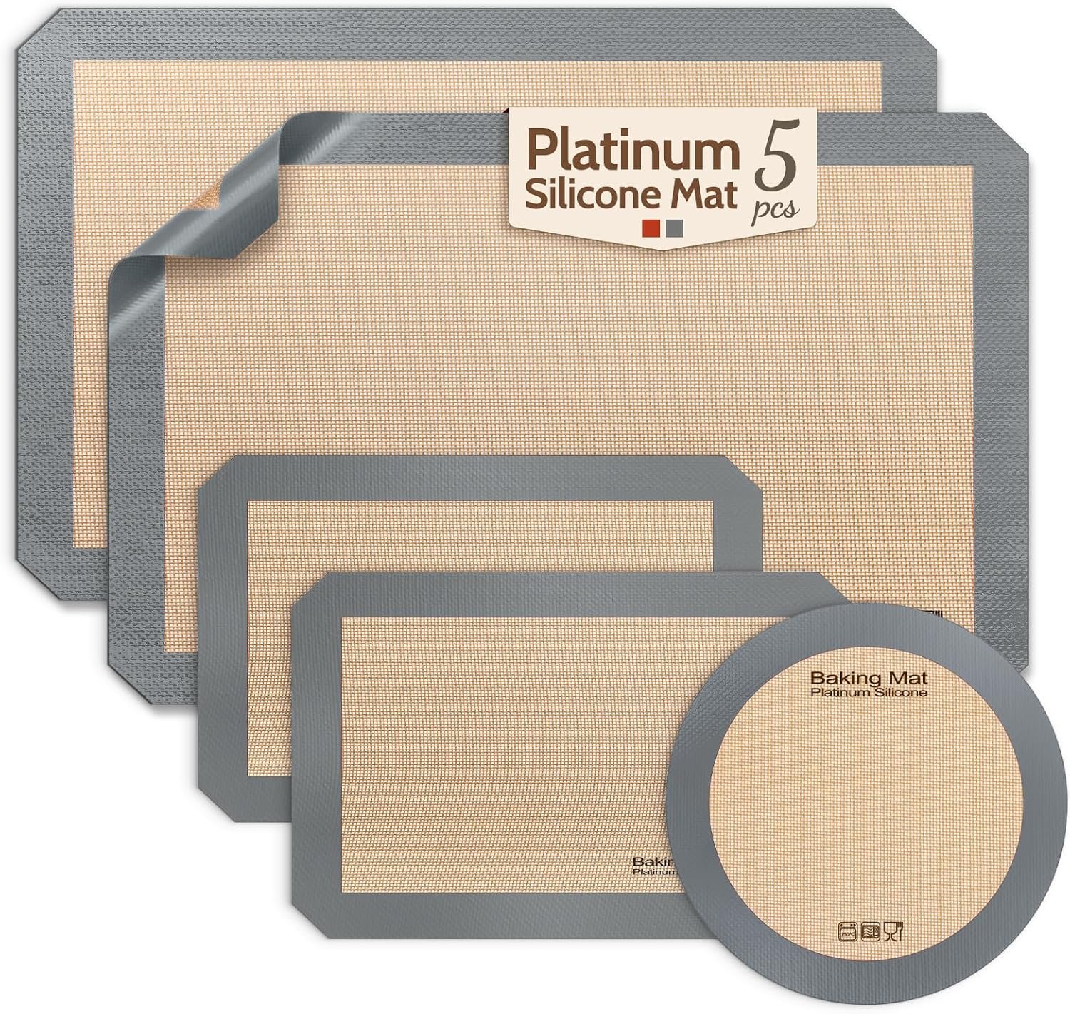 Sopito Platinum Silicone Baking Mat, Non-Stick Silicone Baking Sheet, 5 Pcs | Reusable, Food-Grade, Heat Resistant to 480℃, Dishwasher Safe, Half-sheets, Quarter-sheets, and Round Mat Set, Versatility