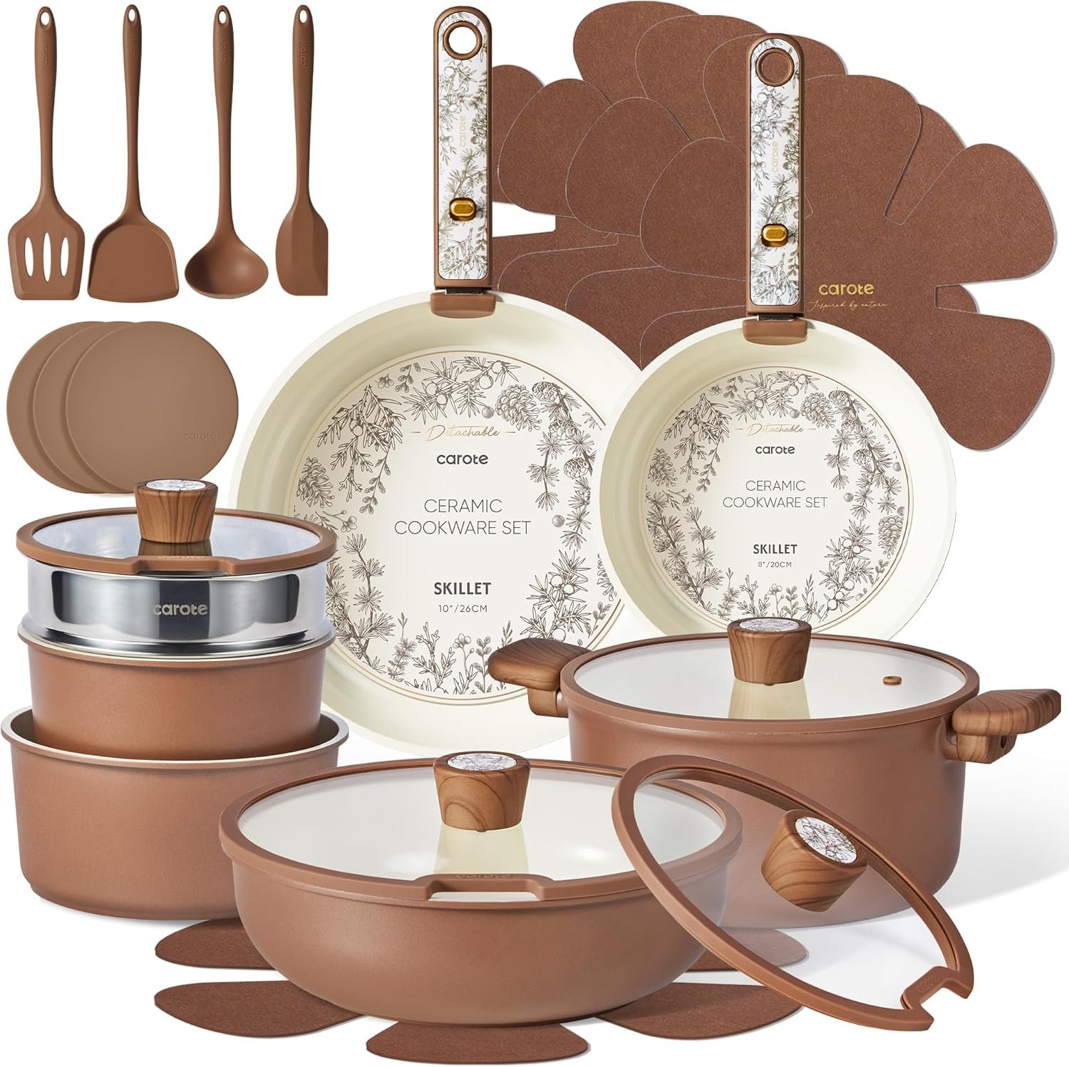 CAROTE 25pcs Ceramic Cookware Sets, Nonstick Pots and Pans Set Non Toxic | Space Saving, Detachable Handle, Dishwasher & Oven Safe, PFAS Free, Kitchen/Apartment/Camping/RV/ Traveling Cooking Sets