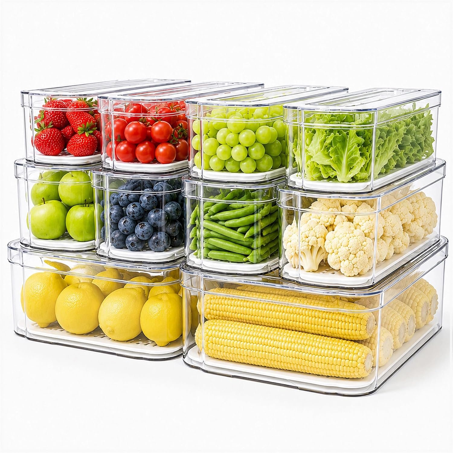 SMRCAD 10 Pack Clear Fridge Organizer Bins with Drain Trays – Stackable | BPA-Free PET, 10 Pack: 10 lidded Bins (Not drawer), Helps Keep Produce Fresh, 17.4L Capacity, Hand Wash Only
