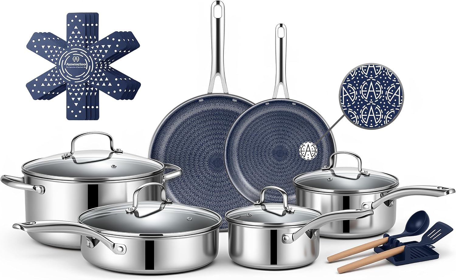 Hybrid Stainless Steel Cookware Set, 17-Piece Tri-Ply Pots and Pans Set Non Stick, Induction Kitchen Cookware Sets, Dishwasher & Oven Safe, PFOA Free, All Cooktops Compatible, Navy Blue