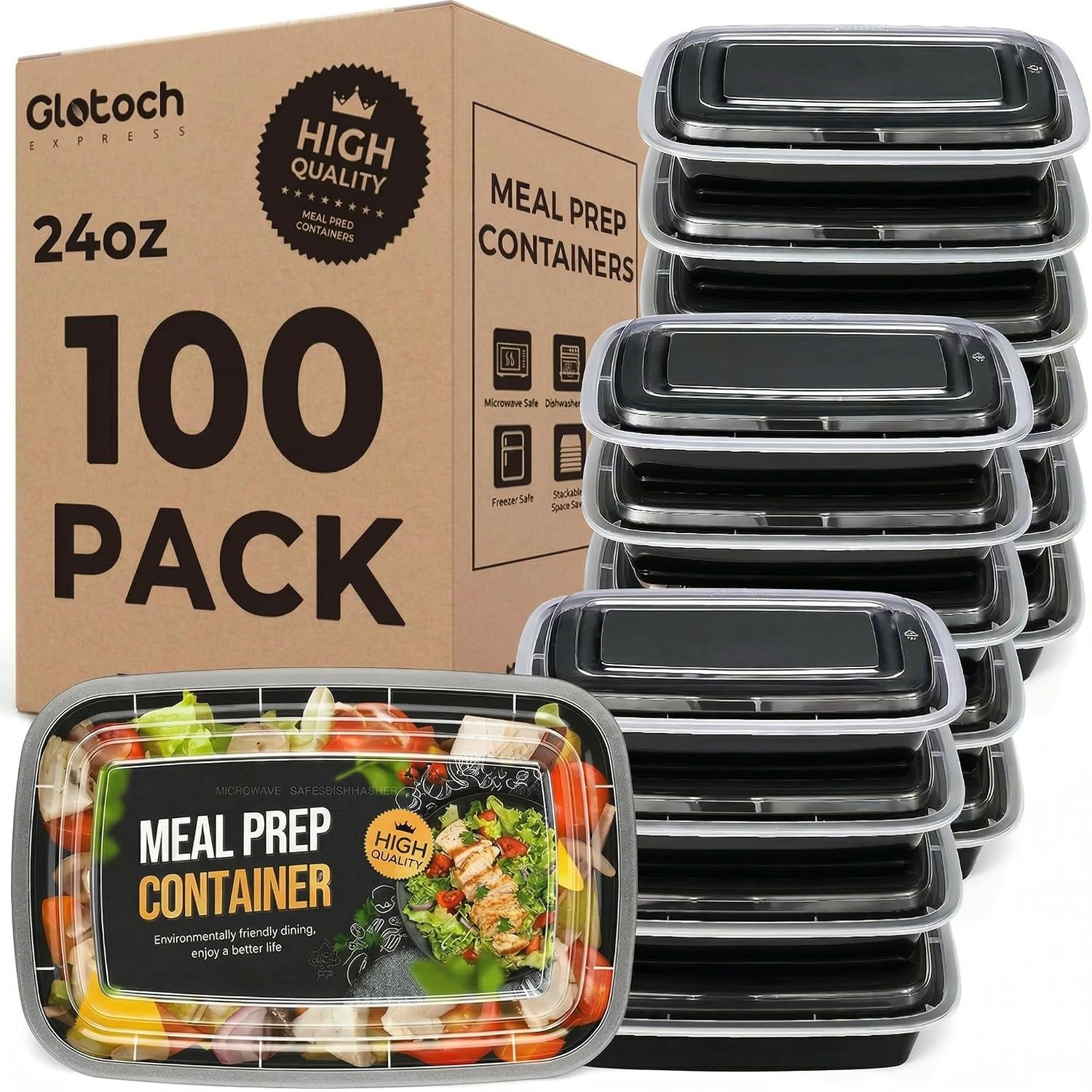 Meal Prep Containers 24oz-100 Pack (200-Piece) Reusable Food Storage Containers with Lids Microwave, Freezer, Dishwasher Safe – Leakproof & BPA Free Durable Plastic Bento Box for To Go Take Out
