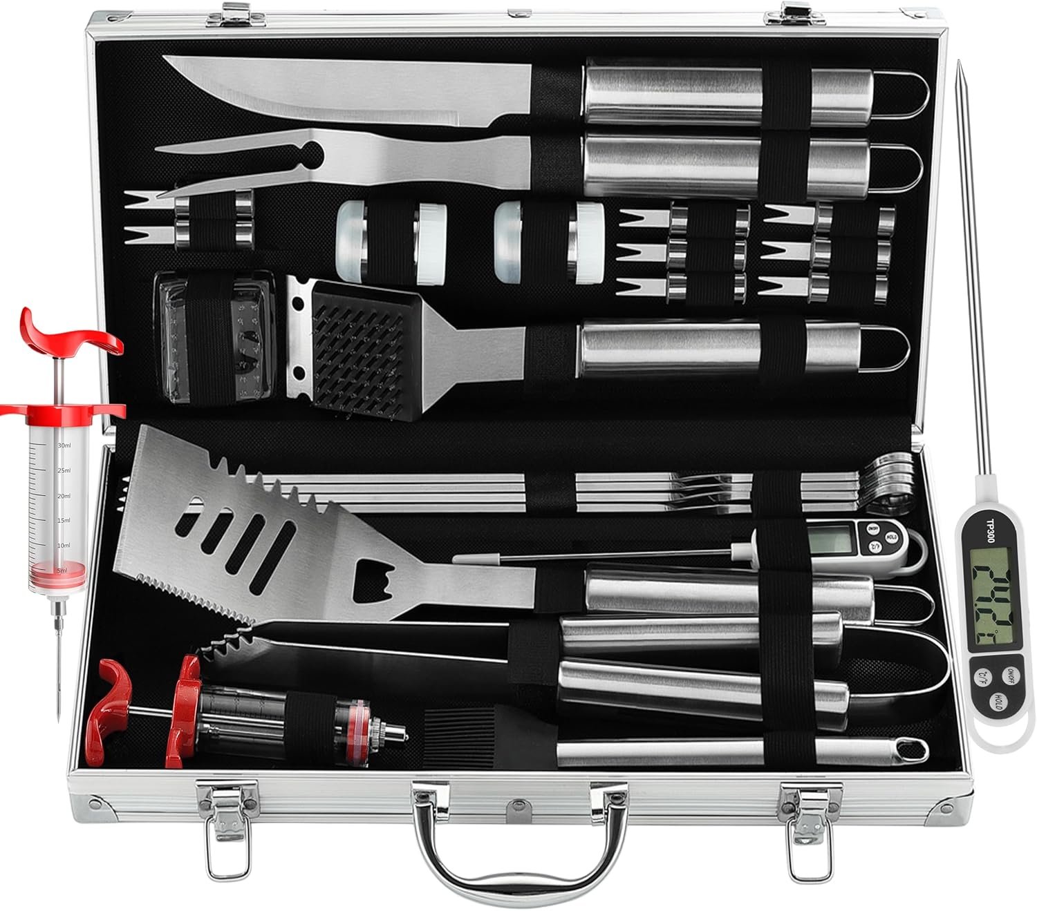 grilljoy 24PCS BBQ Grill Tools Set with Meat Thermometer and Injector – Extra Thick Stainless Steel Fork, Spatula& Tongs – Complete BBQ Accessories in – Perfect Grill Gifts for Father’s Day