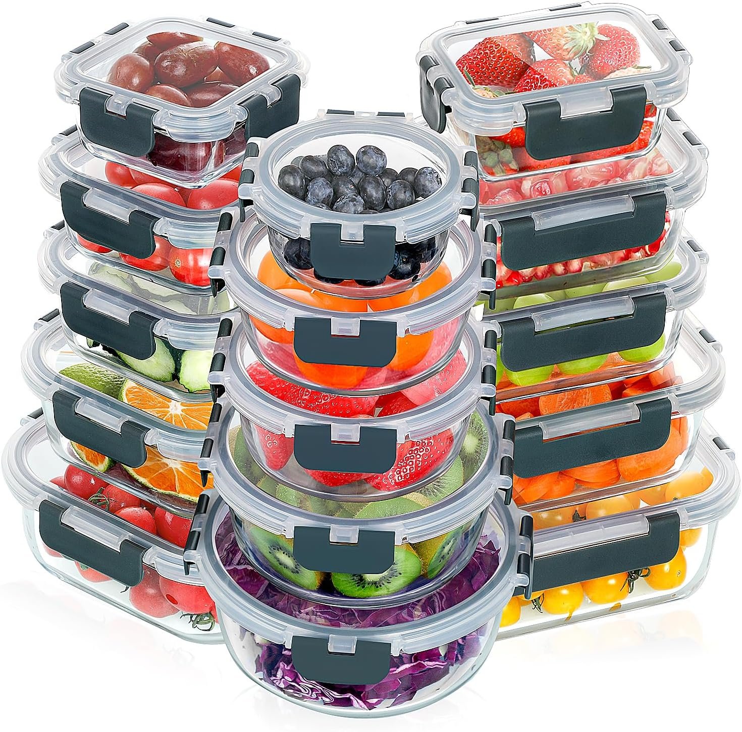VERONES 30 Pieces Glass Food Storage Containers Set with Lids, Grey | Stackable Glass Meal Prep Containers Set with Lids, Airtight Lunch Containers, for Microwave, Oven, Freezer & Dishwasher