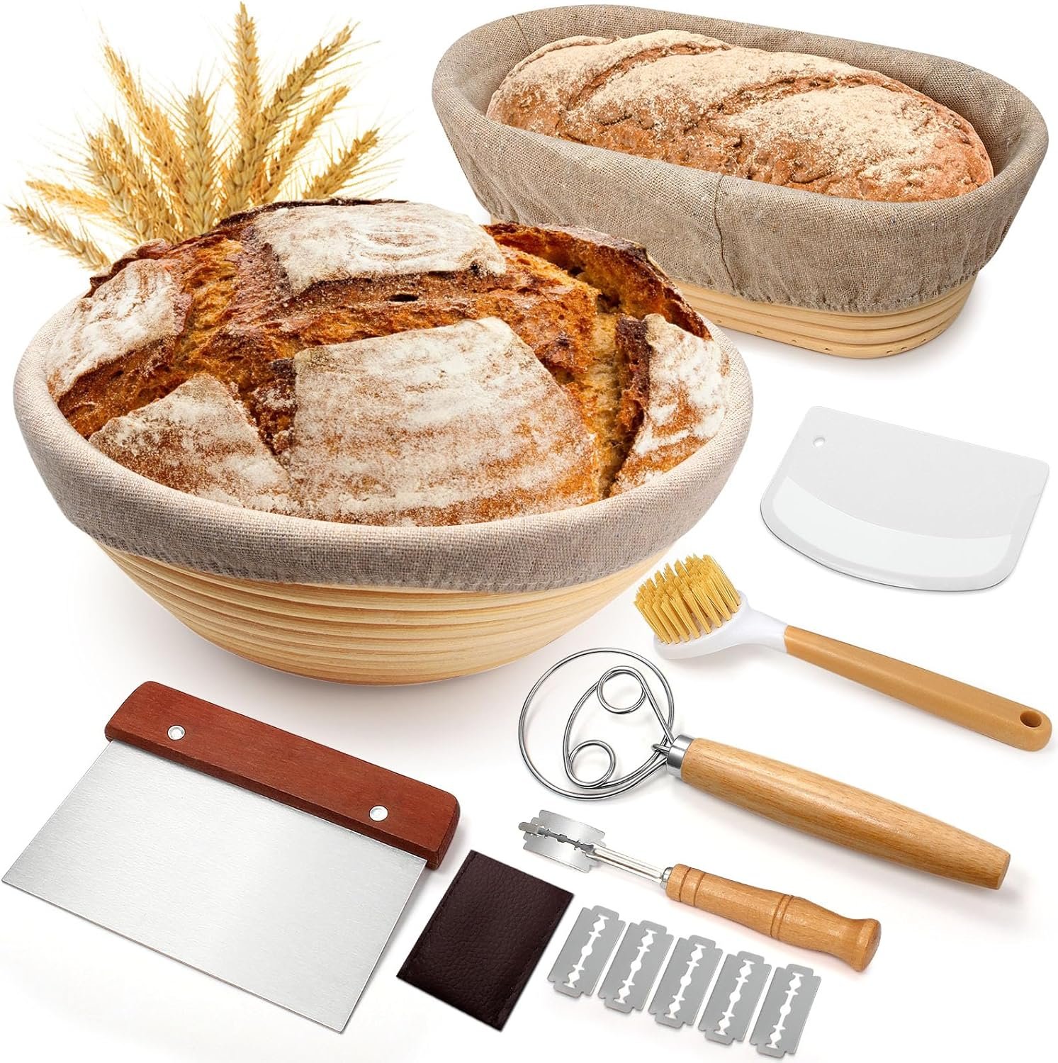Sourdough Proofing Basket Gift Set, 9″ Round and 10″ Oval Banneton Bread Baking Supplies, Sourdough Baskets with Bread Lame, Danish Whish, Bowl Scraper, Sourdough Scraper, and Linen Liner