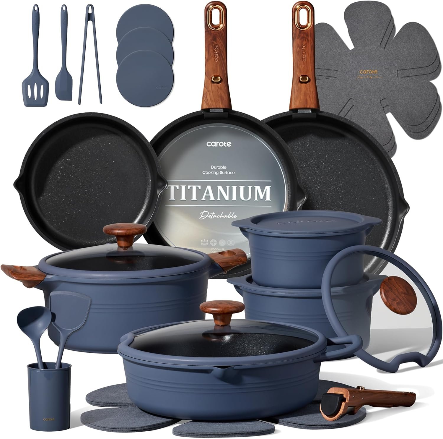 CAROTE 30pcs Titanium Cookware Set, Pots and Pans Set Detachable Handle | Non-Stick, Non-Toxic, Induction Compatible, Dishwasher & Oven Safe, Space Saving, Camping Cooking, Blue