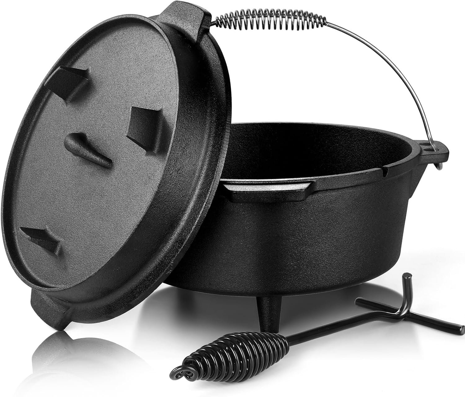 Leonyo 5QT Camping Dutch Oven with Lid Lifter, Pre-Seasoned & Cast Iron | 2-IN-1 Cast Iron Camping Dutch Oven, Heat Conduction & Good Sealing & Heavy Duty