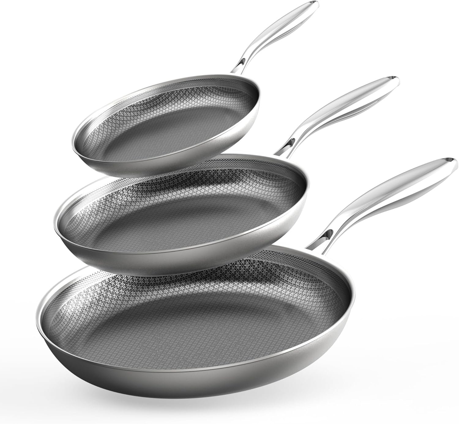 COOKER KING 3pc Hybrid Nonstick Frying Pans Set, 8, 10 & 12″ Pans | Stainless Steel Pans,Chef’s Pan,Skillets Dishwasher & Oven Safe, Stay-Cool Handles,Induction Compatible – Metal Utensil Safe