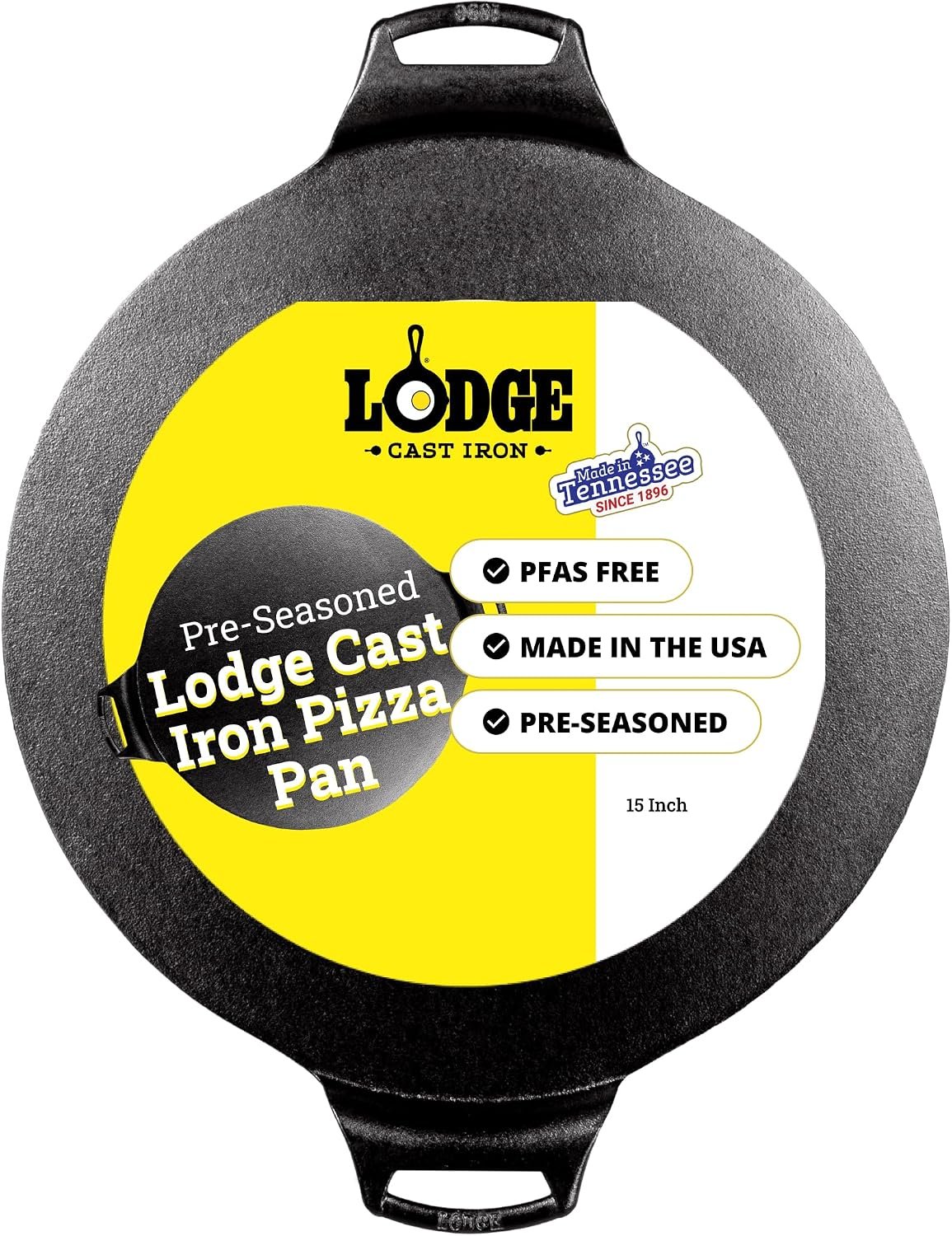 Lodge Seasoned Cast Iron Pizza Pan 15 Inch – Pre-Seasoned, Round Pizza Pan with Dual Assist Handles – Even Heat Distribution- PFAS-Free, Non-Toxic Cookware – Oven Safe