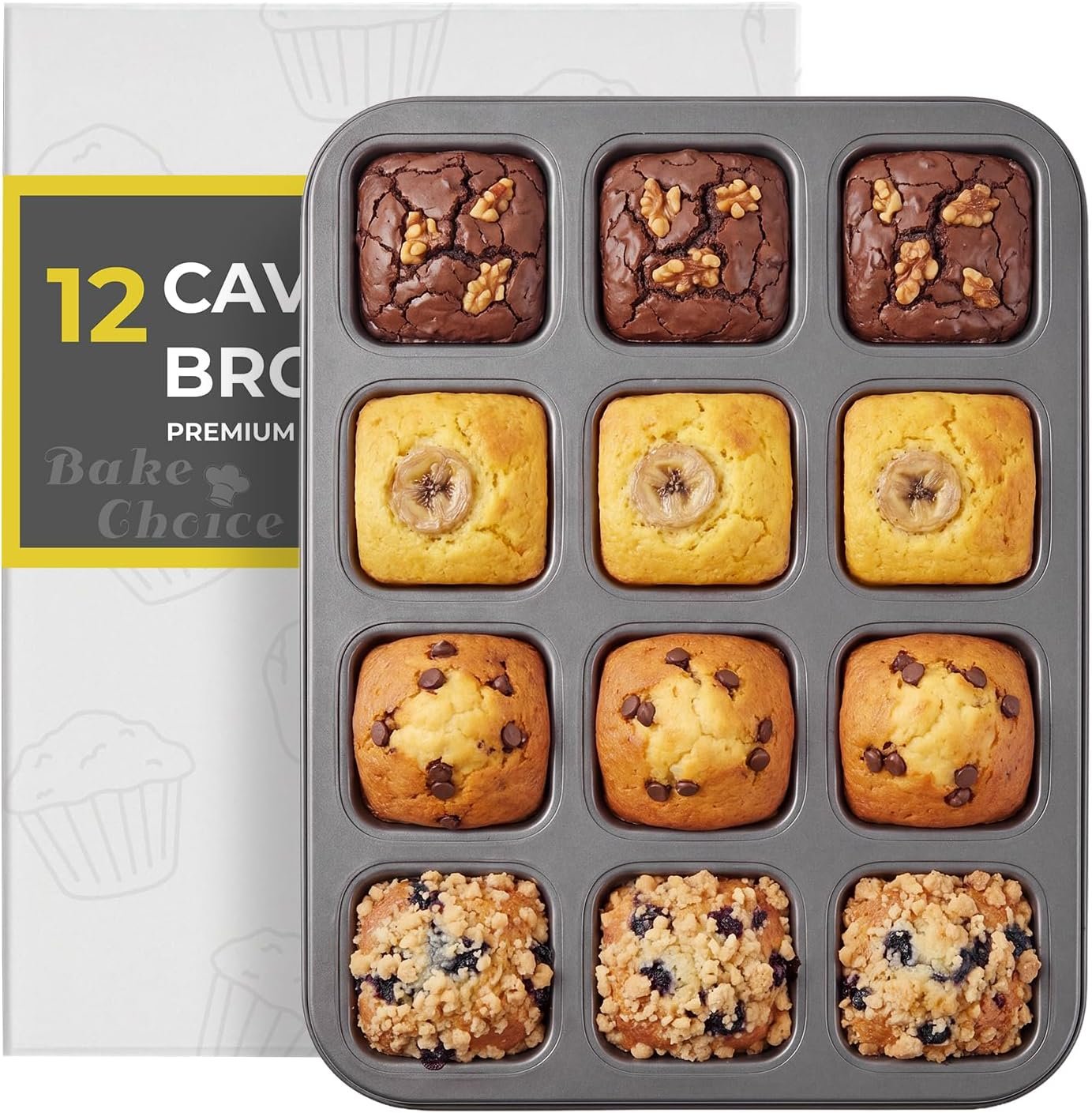 Bake Choice 12 Cavity Square Brownie Pan Non Stick With Removable Dividers | Carbon Steel Baking Tray, All Edges Brownie Bite Pan, for Individual Brownies, Cupcakes, Muffins, Cookies, Bread