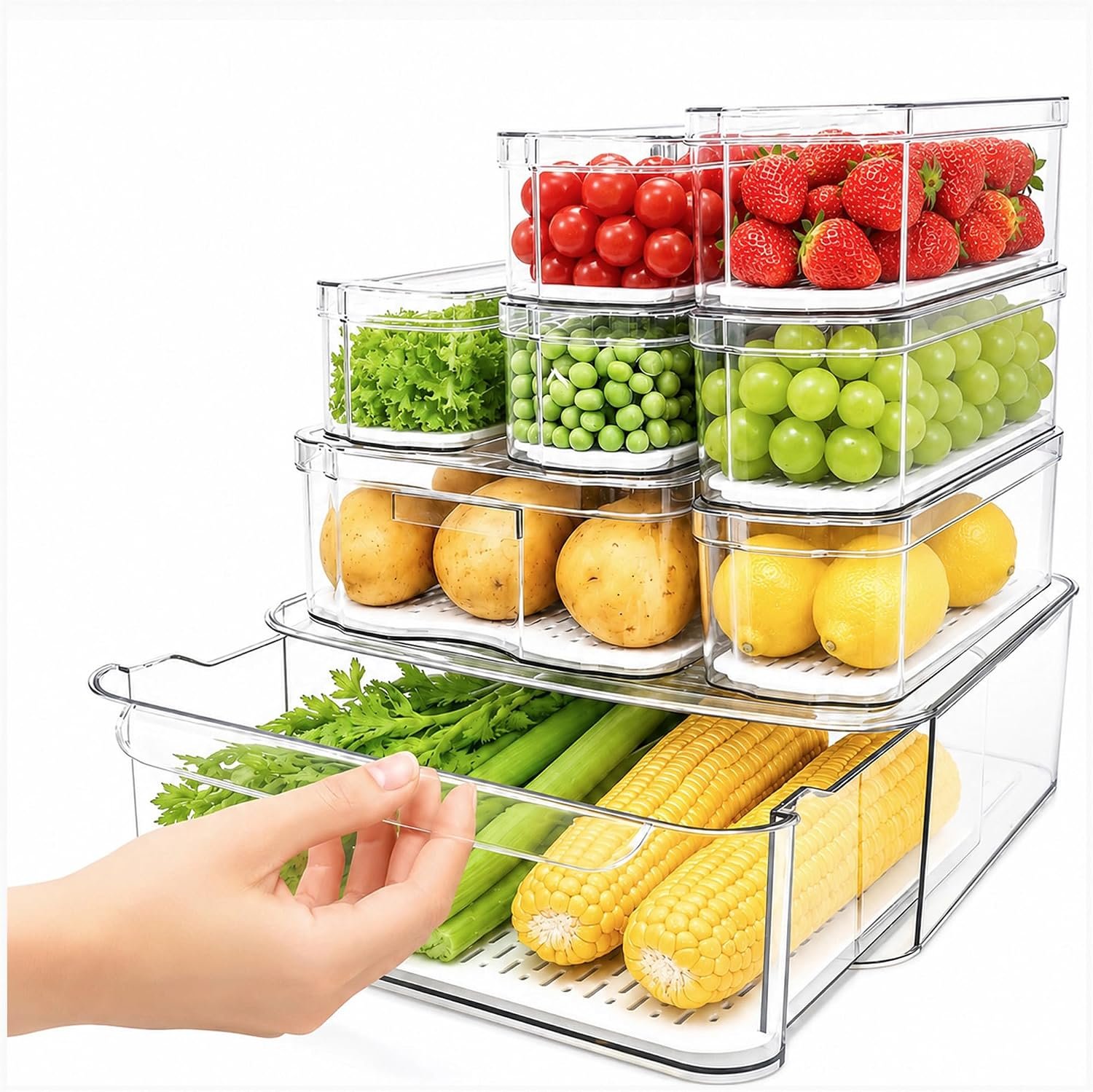 SMRCAD 8 Pack Clear Fridge Organizer Bins with Drain Trays – Stackable | BPA-Free PET, 8 Pack: 1 Drawer + 7 lidded Bins, Helps Keep Produce Fresh, 18.3L Capacity, Hand Wash Only