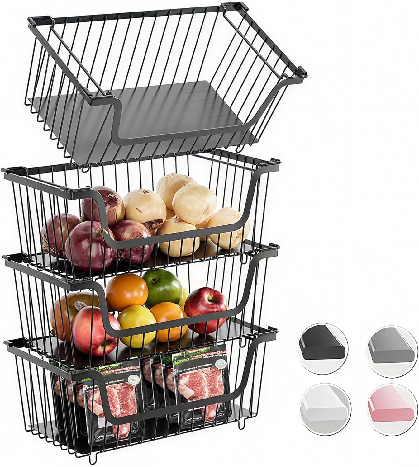 4 Pcs Stackable Wire Baskets Pantry Organizers and Storage Bins,Black | Breathable Metal Design with Rotating Handle,Idea for Potato Onion Fruit Snack Veggie Kitchen Countertop Freezer Organization