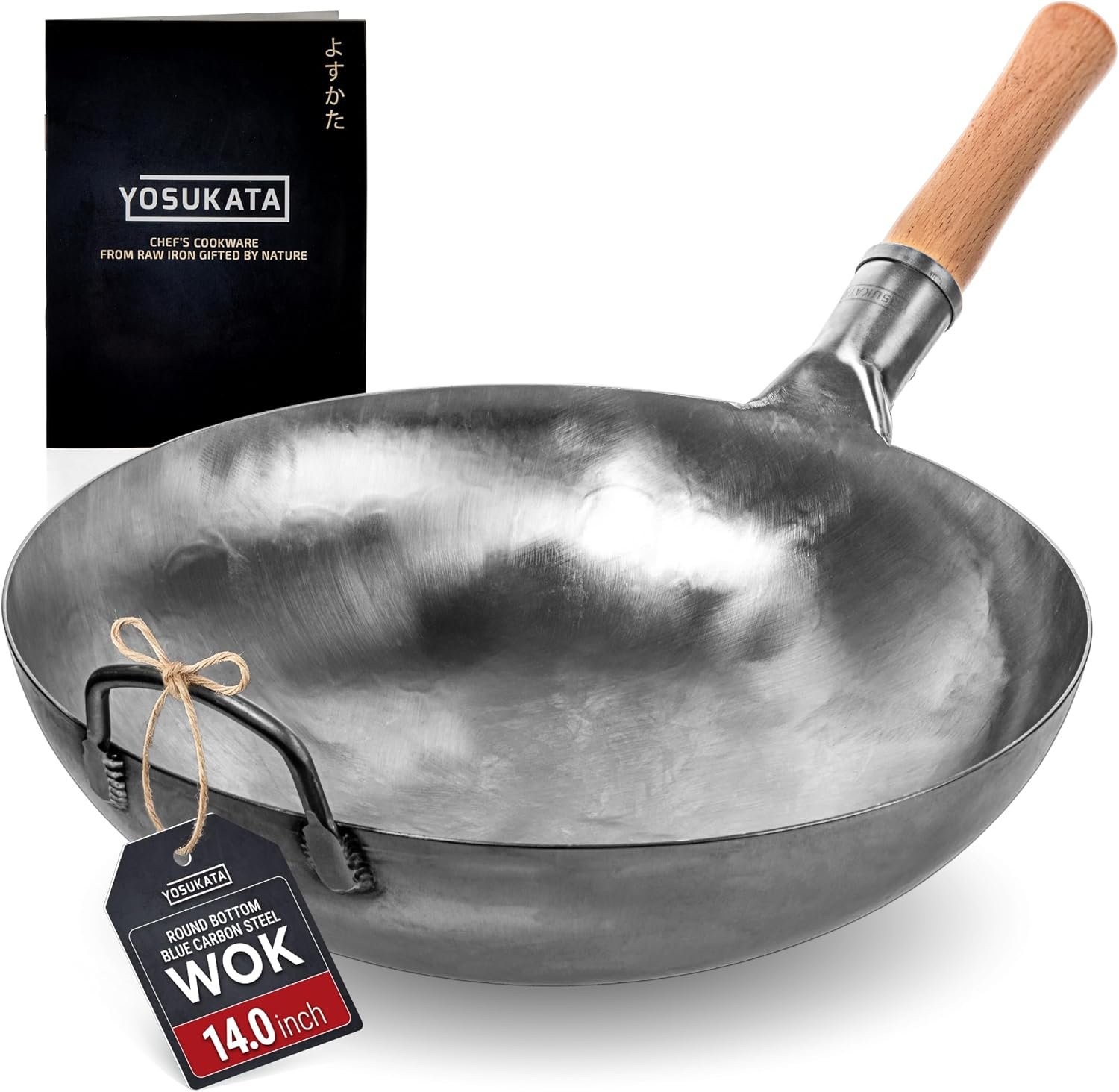 YOSUKATA 14” Round Bottom Carbon Steel Woks and Stir Fry Pans – Unseasoned Pow Wok for Stir Fry, BBQ & Camping – Hand-Hammered Traditional Japanese and Chinese Pan – Gas Stove, Open Fire Only | Suitable for Gas Stoves and Open Fires – Traditional Chinese Wok (Silver)