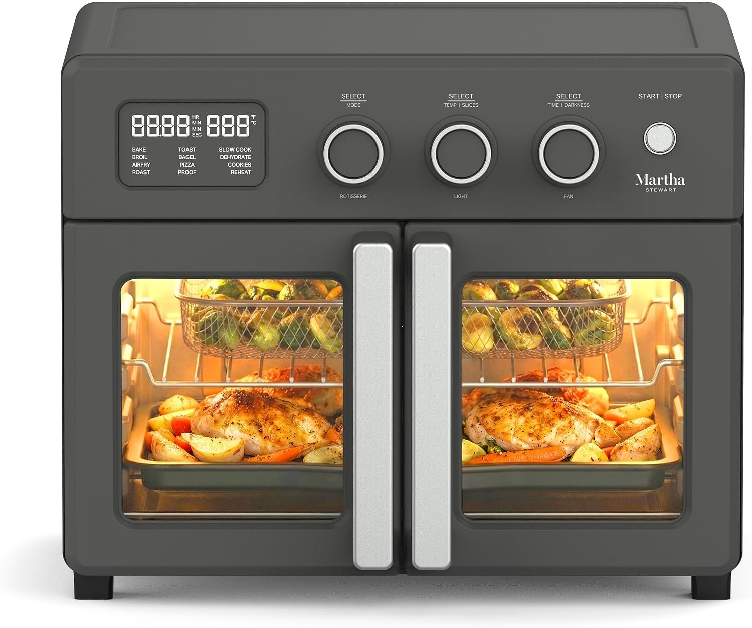Martha Stewart French Door Air Fryer Toaster & Convection Oven 34QT, Caviar | 12-in-1 Countertop Oven, Bake, Broil, Roast, Fits 12” Pizza, Dehydrate,  Air Fry Basket, Oven Rack, Rotisserie, Black