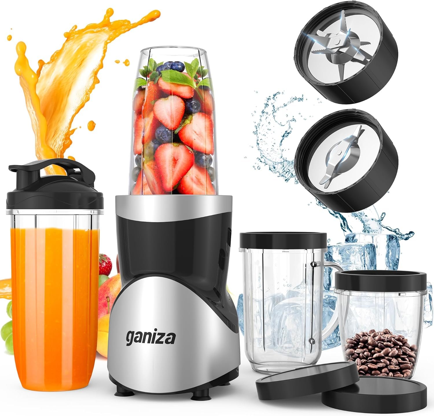Ganiza Smoothie Blender, 900W Blenders Shakes and Smoothies | 15-Piece Personal Blender and Grinder Combo for Kitchen, Smoothies Maker with 4 BPA-Free Portable Cup, Nutritious Recipe