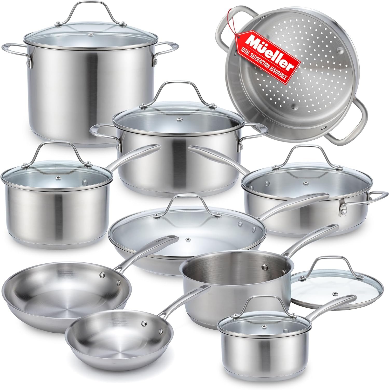 Mueller 17-Piece Stainless Steel Pots and Pans Set, Tri-Ply Ultra-Clad Pro | Cookware Set, Induction Ready, Oven Safe, Even-Heat Aluminum Core, Includes Skillets, Saucepans, Dutch Oven, Stockpot