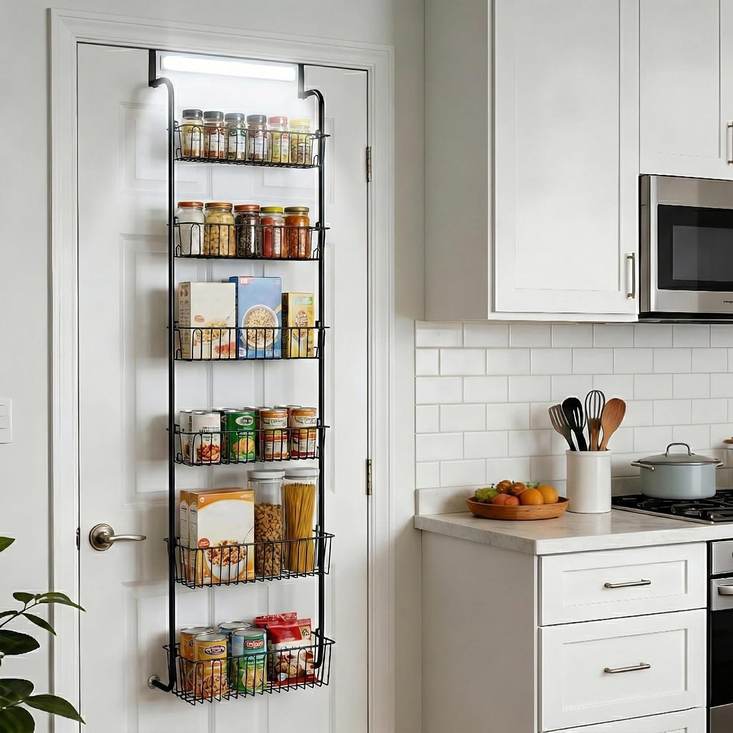 Over Door Organizer Storage – 6 Tier Black Metal Over the Door Pantry Organizer Heavy Duty Hanging Storage Rack, Behind Cabinet Shelves for Home, Kitchen, Bathroom, Closet, Pantry