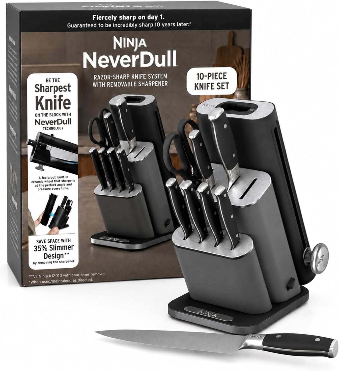 Ninja® NeverDull® 10-Pc German Steel Knife Set, Black, NK32010BK1 | Stays razor-sharp 10+ years. Premium German steel. Removable sharpener stores in a drawer saving up to 35% more counter space