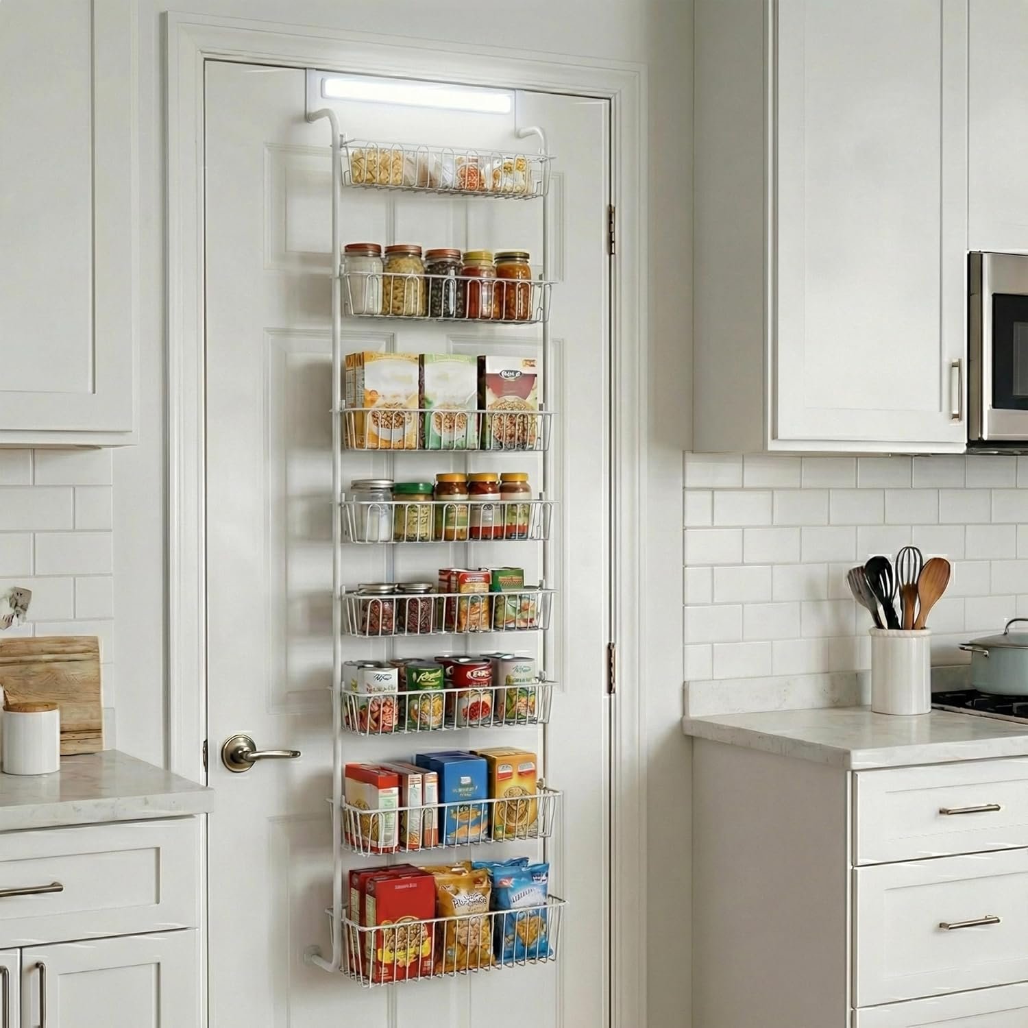 Over Door Organizer Storage – 8 Tier White Metal Over the Door Pantry Organizer Heavy Duty Hanging Storage Rack, Behind Cabinet Shelves for Home, Kitchen, Bathroom, Closet, Pantry