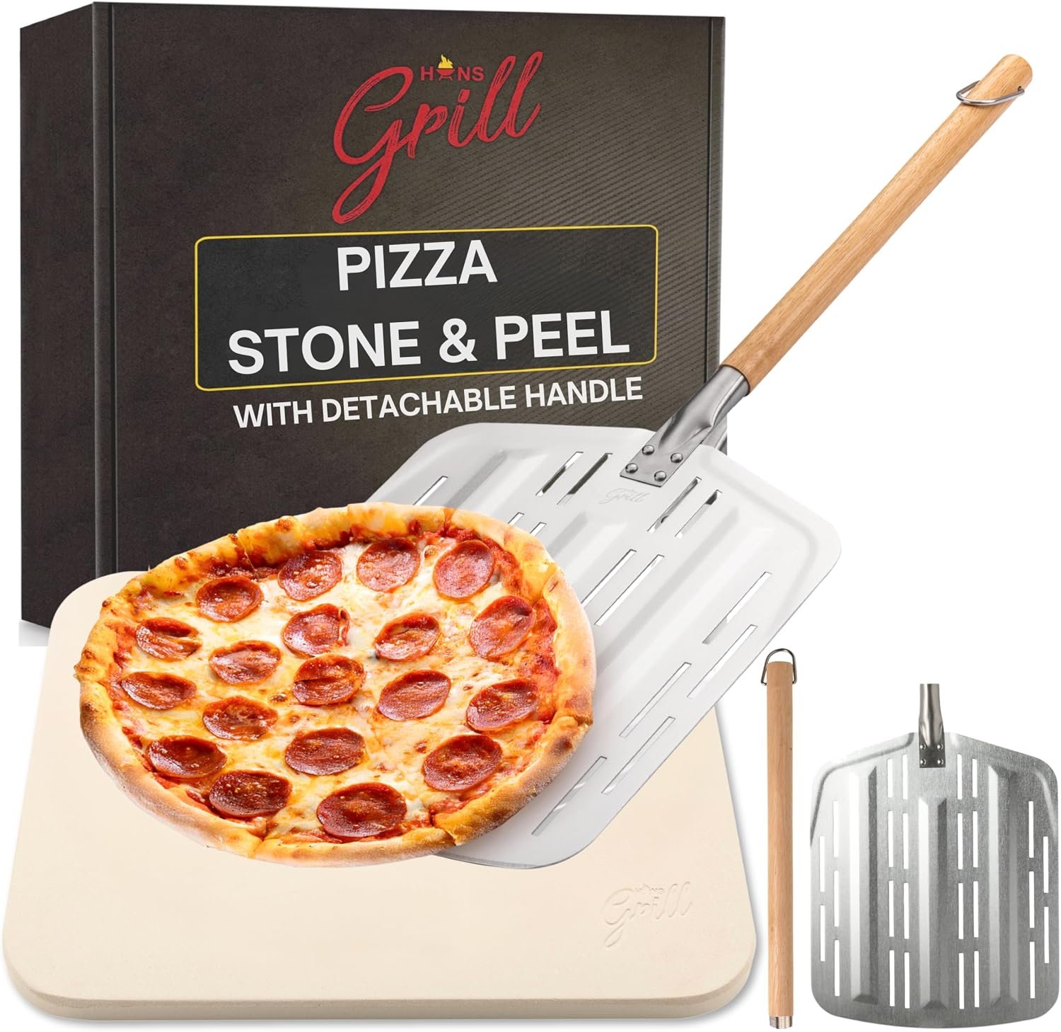 Hans Grill Pizza Stone PRO XL, Rectangular Baking Stone with Aluminium Peel | Durable Cordierite Stone 15 x 12 Inch For Oven Baking & BBQ Grilling, Includes 12 Inch Perforated, Metal, Non-Stick Peel