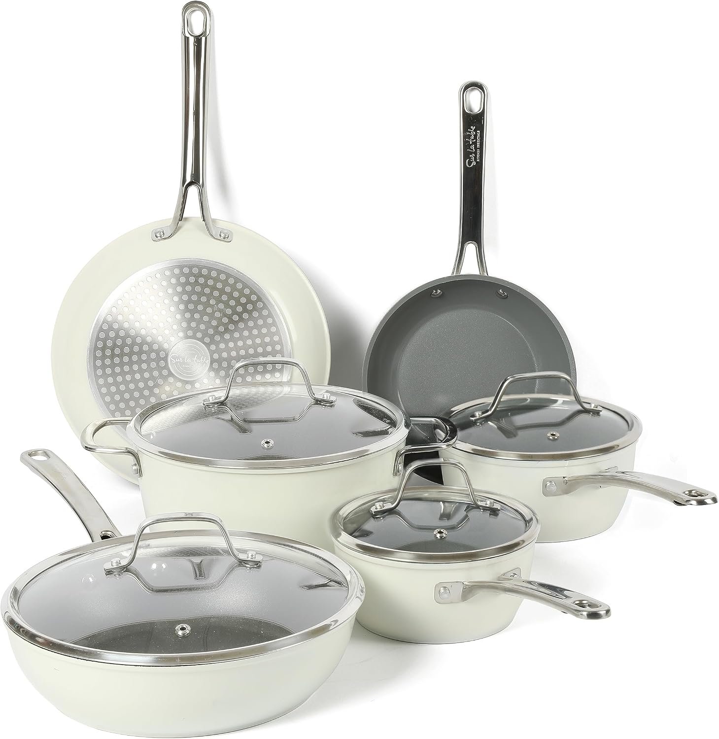 Sur La Table Kitchen Essentials 10 Piece PFA Free Non-Toxic Titanium Ceramic Nonstick Interior Forged Aluminum Cookware Pots and Pans Set – Linen White – Induction Compatible