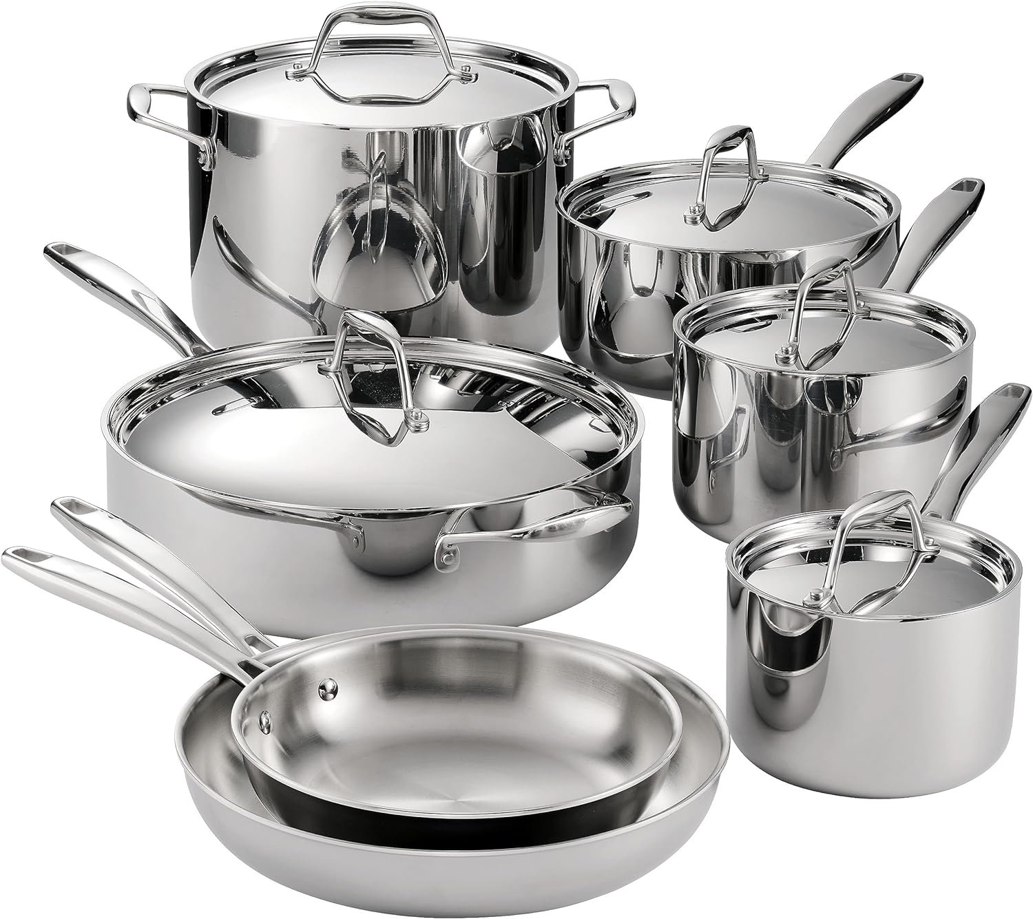 Tramontina Signature Tri-Ply Clad Stainless Steel 12-Pc Pots and Pans Set | Cookware Kitchen Set, Induction-Ready, Dishwasher-Safe, NSF-Certified, Made in Brazil