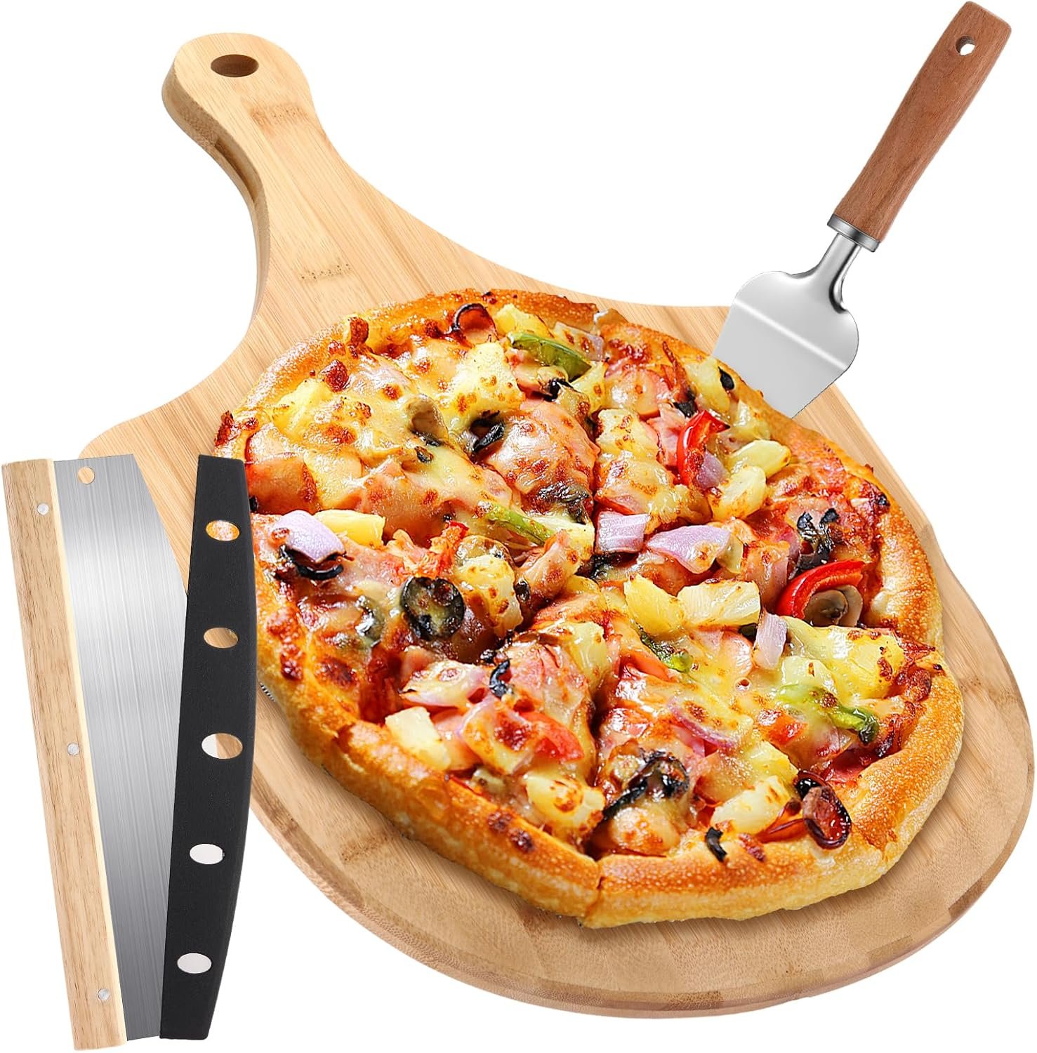 Briwooody 3 Pcs Round Pizza Stone Set, 12″ x 17″ Bamboo Pizza Peel with Foldable Wooden Handle & Rocker Cutter Addle Cutting Board for Indoor Outdoor Ovens Baking Homemade Cheese Bread Cookies