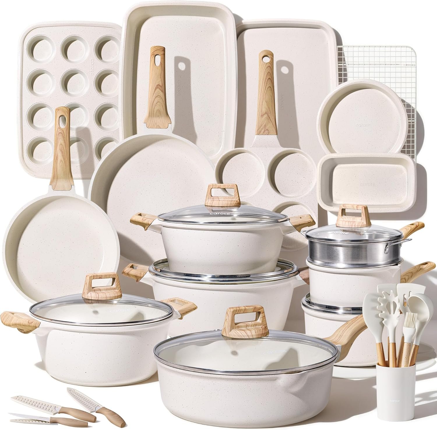 CAROTE 44pcs Pots and Pans, Nonstick Cookware Sets with Bakeware | Induction Cooking Set with Kitchen Knife Set & Egg Pan, Durable, Easy Clean, Even Heating