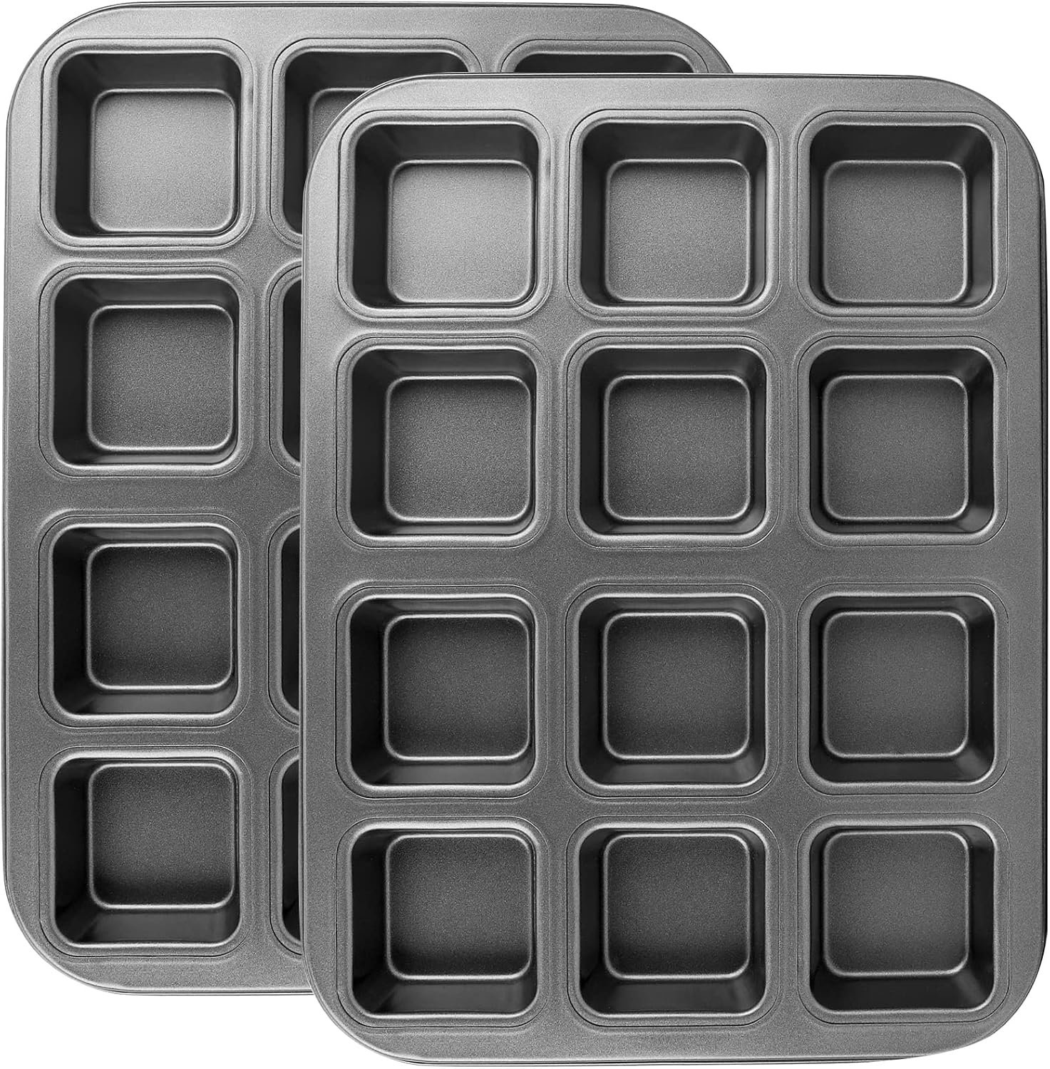 Beasea Brownie Pan with Dividers, 2 Set All Edges Square Cupcake Brownie Pans 12 Mini Cavity Non Stick Baking Carbon Steel Bread Mold Small Edge 3×4 Individual Cutter Sheet Tray for Cake Cookie Oven