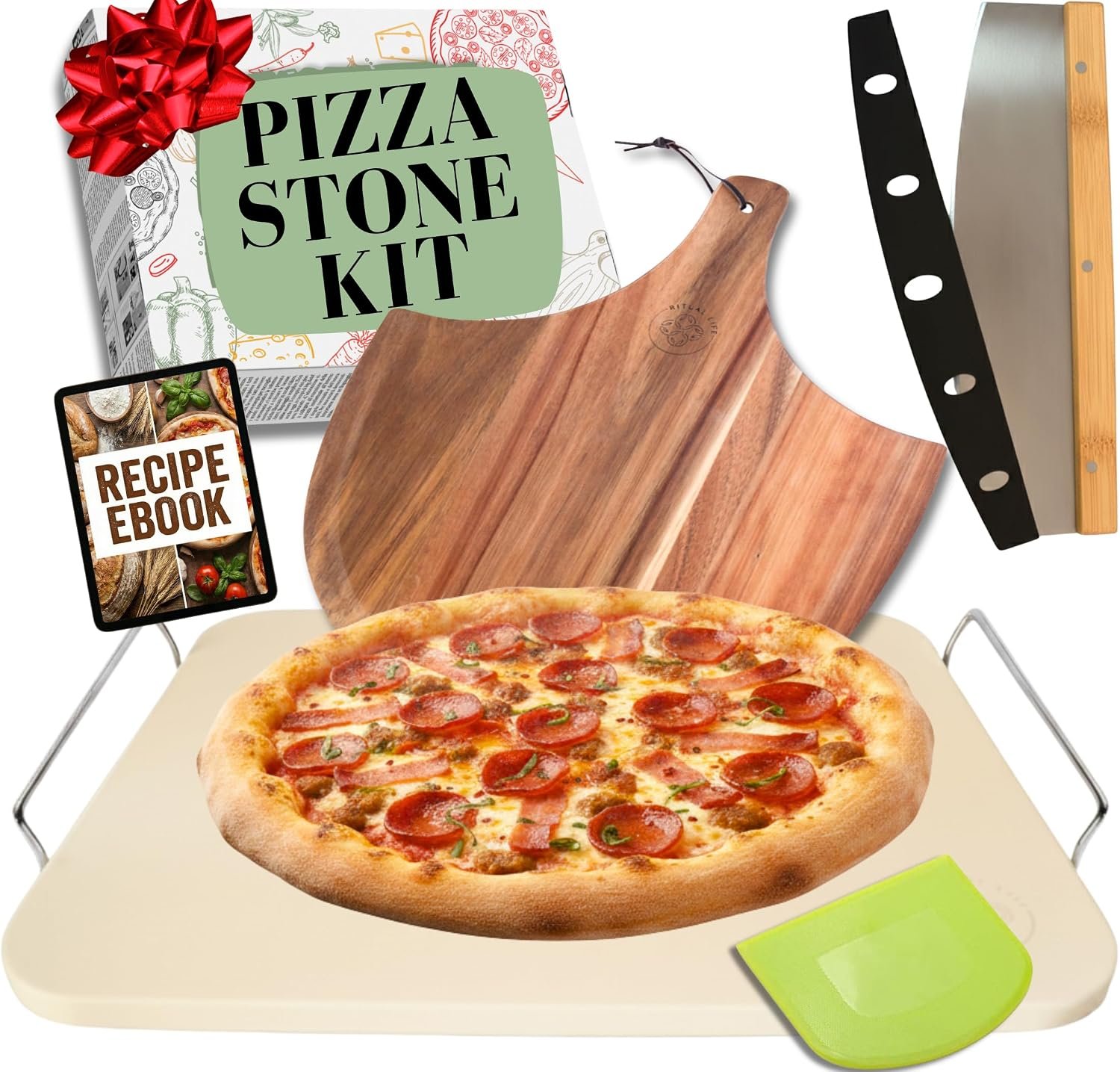Pizza Stone for Oven and Grill Set – 5PCS Pizza Making Accessories Kit – 15 inch Pizza Stone with Handles, Pizza Peel, Pizza Cutter, Dough Tool – Baking Stone for Bread – Large Rectangular Oven Stones