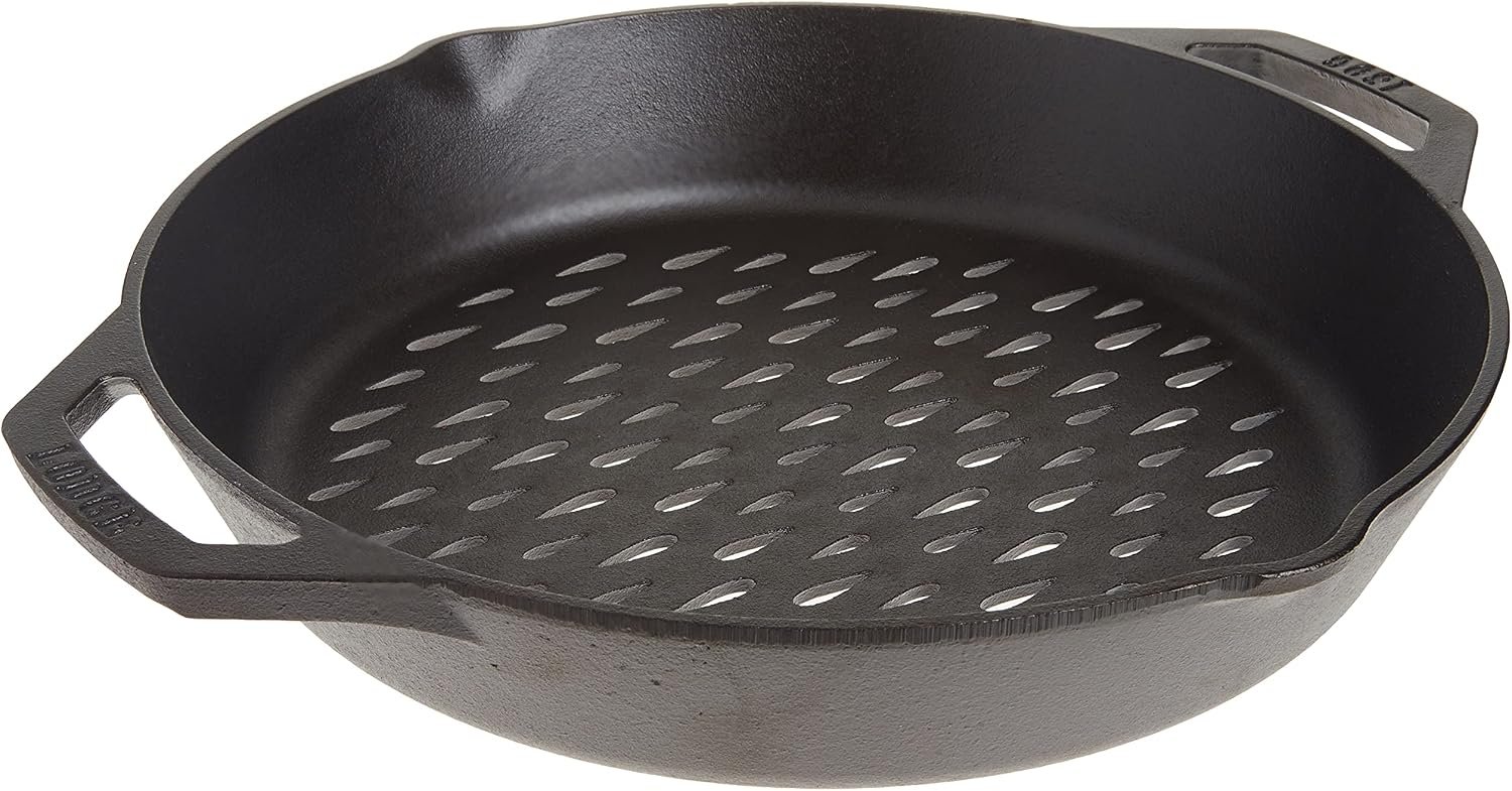Lodge Pre-Seasoned Cast Iron Round Grilling Pan – Use on the Grill – Grilling Pan Designed to Protect Food from Falling Through the Grate – Cast Iron 12 Inch