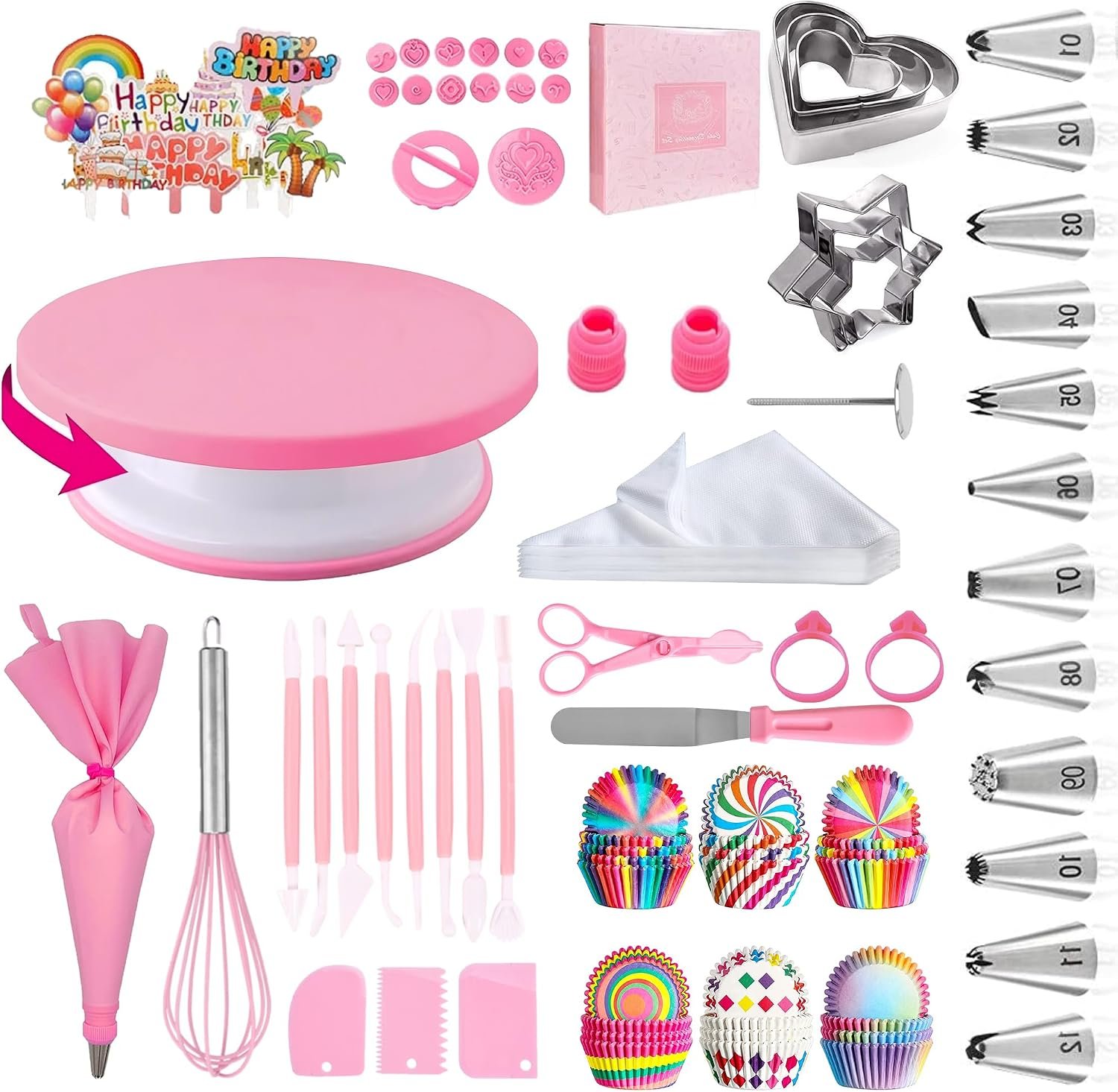 Cake Decorating Supplies Kit Tools 255pcs, Cake Decorating Set with Cake Turntable, 12 Numbered Icing Piping Tips, Cookie Cutters, Icing Smoother & Other Accessories for Cake Decoration (255, Pink)