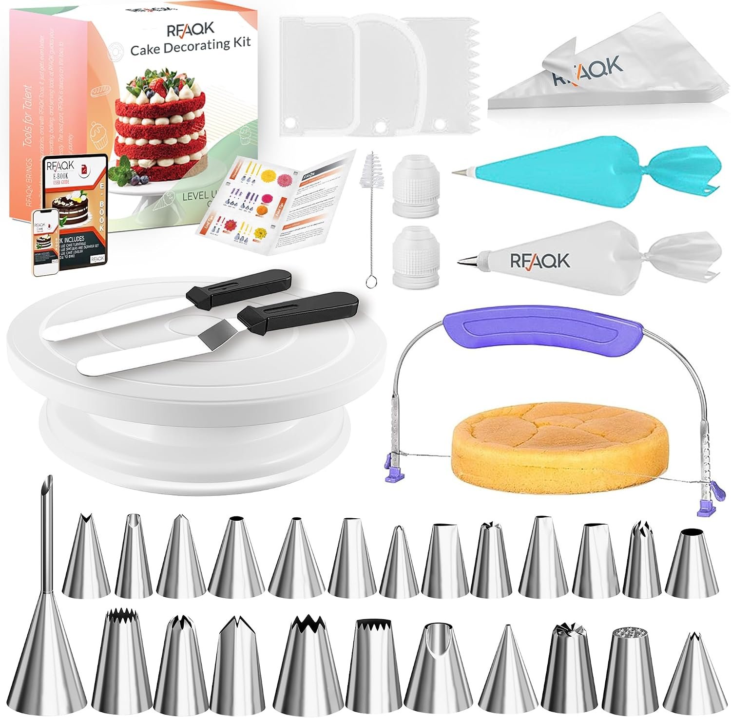RFAQK 90PCs Cake Decorating Kit with Leveler, Baking Supplies Gift Includes Cake Stand Turntable, 24 Numbered Icing Tips, 55+1 Piping Bags, 2 Frosting Spatulas, 3 Scrappers, Video Course & Booklet
