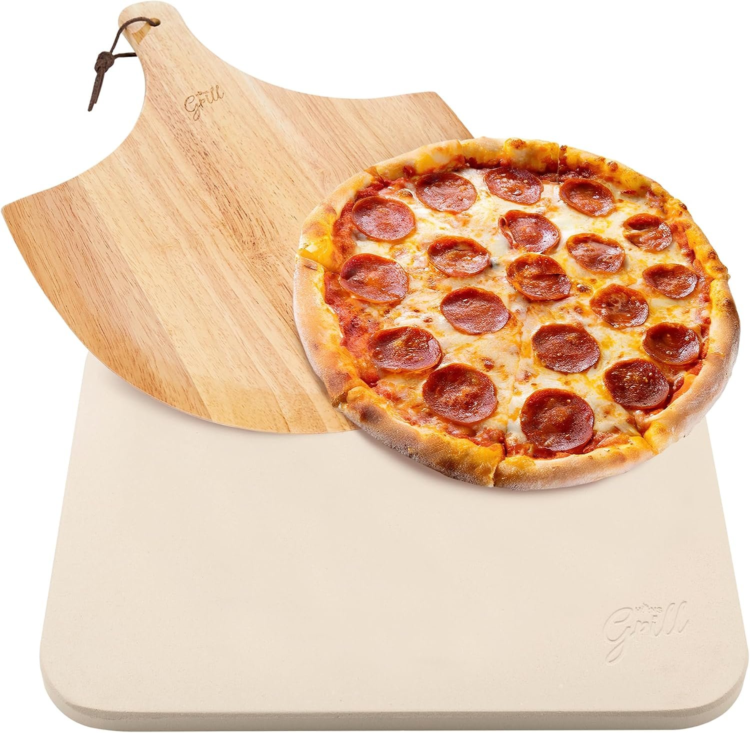 Hans Grill Rectangular Pizza Stone, 15 x 12 Inch Cordierite Stone with Peel | For Oven Baking & BBQ Grilling, Heat Resistant to 1112F, Bakes Pizza, Bread, Pastry and Calzone, Includes Free Wooden Peel