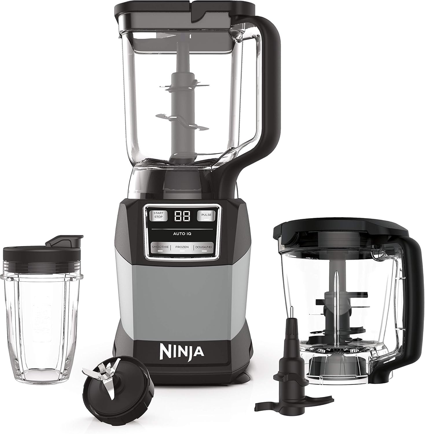 Ninja Compact Kitchen System, Auto-iQ, 1200W, 72oz Pitcher, Grey, AMZ493BRN | 3 functions for smoothies, dough & frozen drinks with Auto-iQ. 72-oz pitcher, 40-oz processor bowl, 18-oz cup.