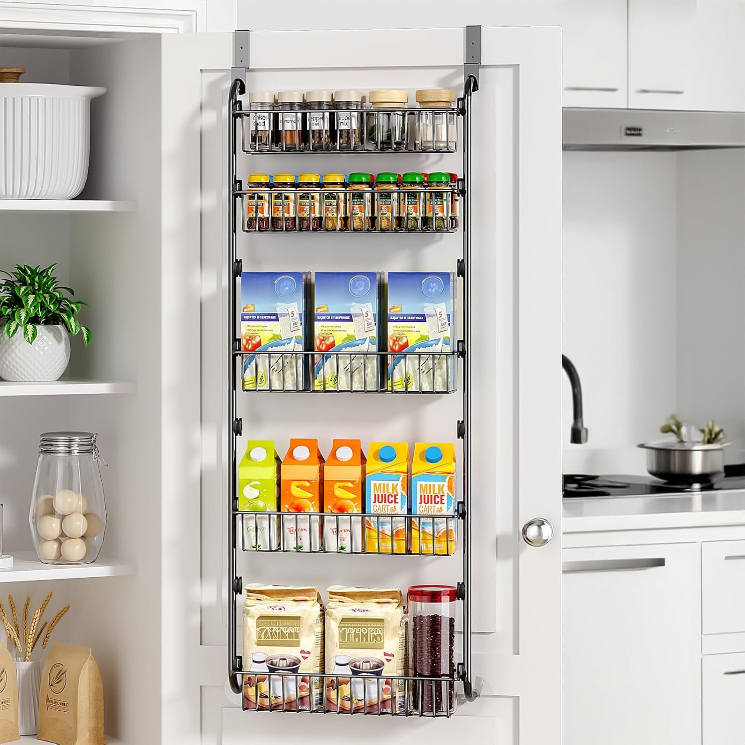 Delamu Over The Door Pantry Organizer, 5-Tier Pantry Door Organizers and Storage with Adjustable Basket, Metal Hanging Spice Rack, Seasoning Organizer, Door Organizer for Home Kitchen Bathroom, Black
