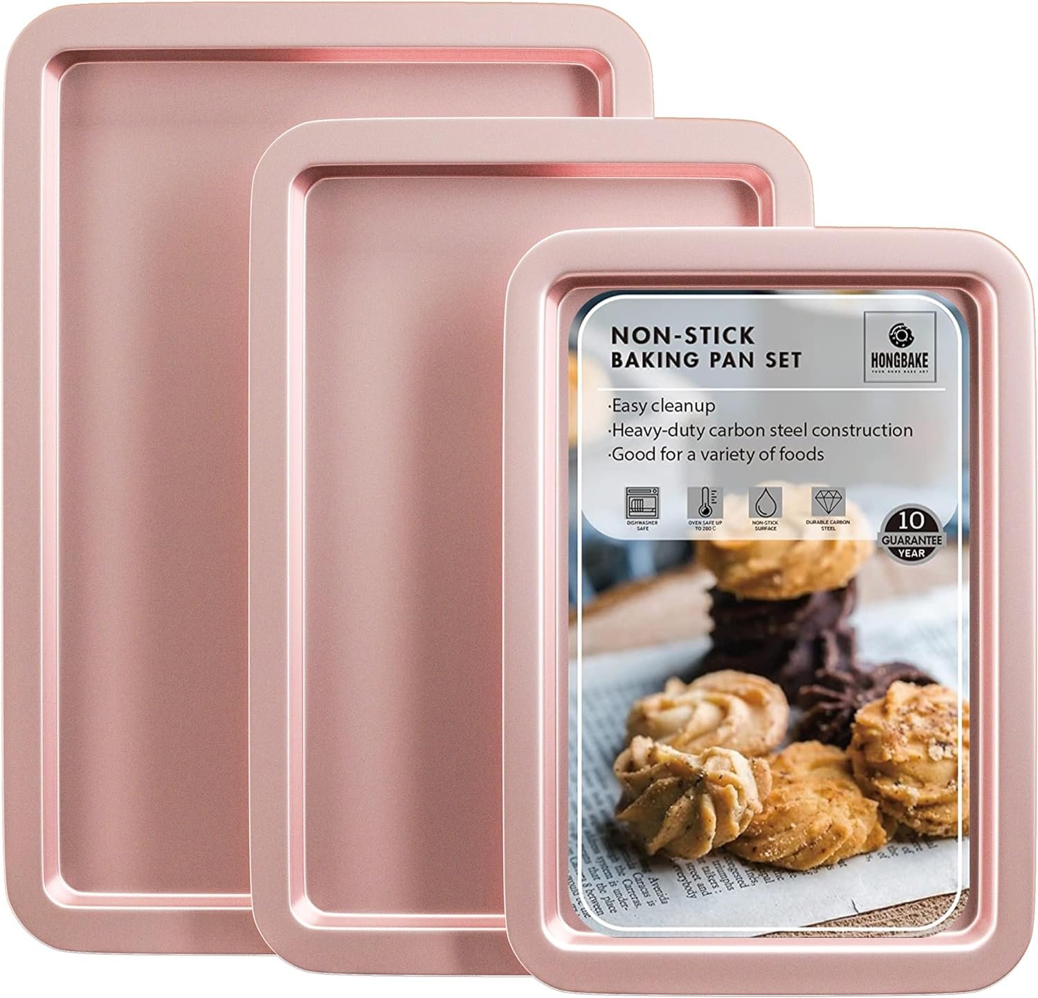 Baking Sheet Pan Set, Cookie Sheet for Oven, Nonstick Bakeware Sets with Wider Grips, 3 Pack Half/Jelly Roll/Quarter Baking Tray, Premium, Dishwasher Safe-Pink