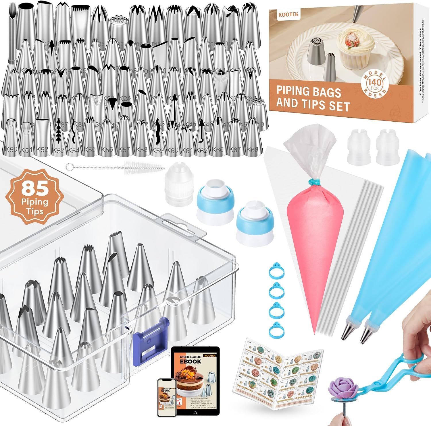 Kootek 140 Piping Bags and Tips Set Frosting Piping Kit for Beginner & Pros | Baking Supplies Tools, 40+2 Disposable & Reusable Piping Bags 12″, 85 Icing Piping Tips, for Cookie Cupcake Cake Decorating