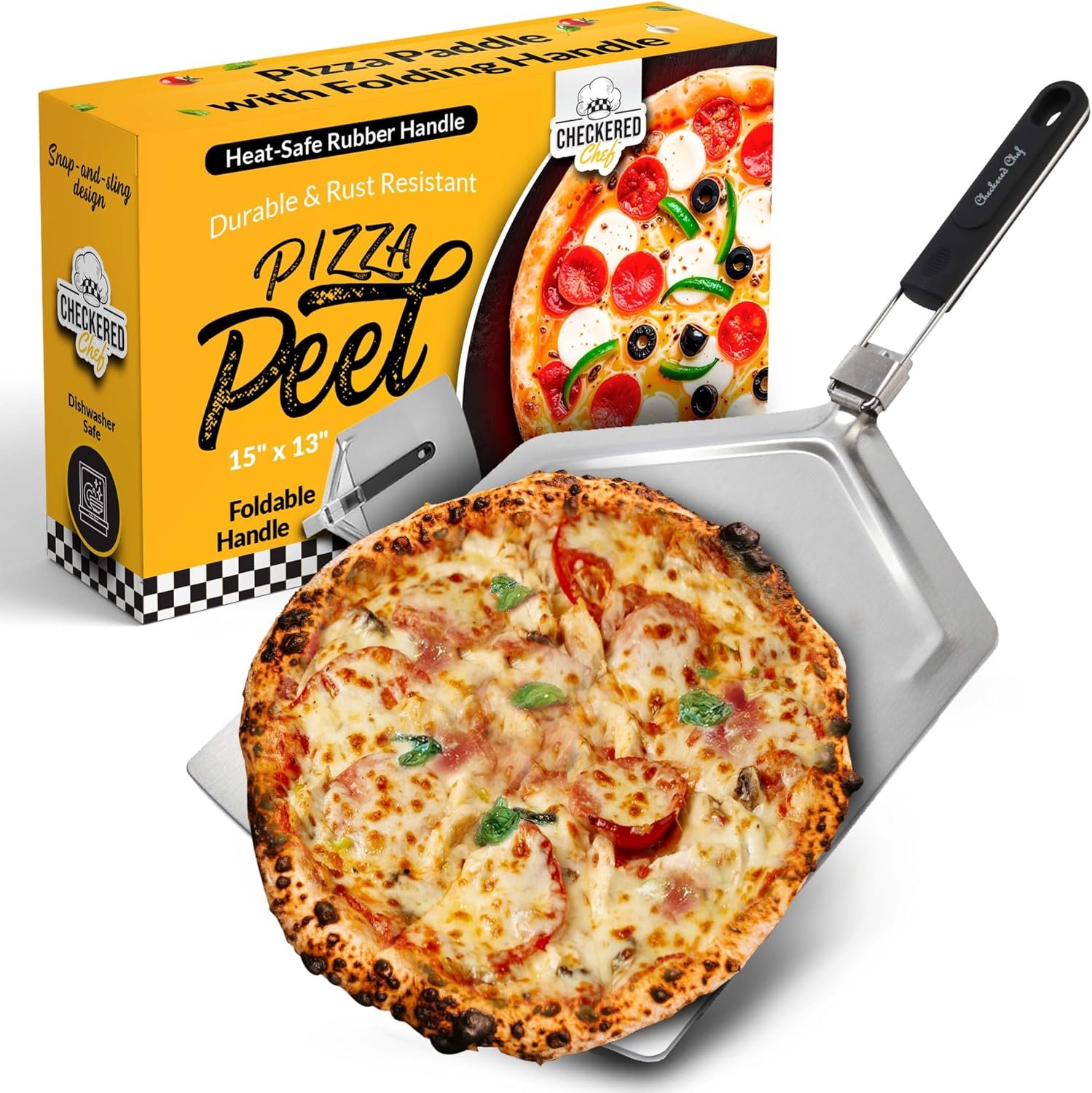 Pizza Peel, Foldable Design, 13 Inch x 15 Inch | Extra Large, Stainless Steel Metal, Folding Handle, Outdoor Pizza Oven Accessories
