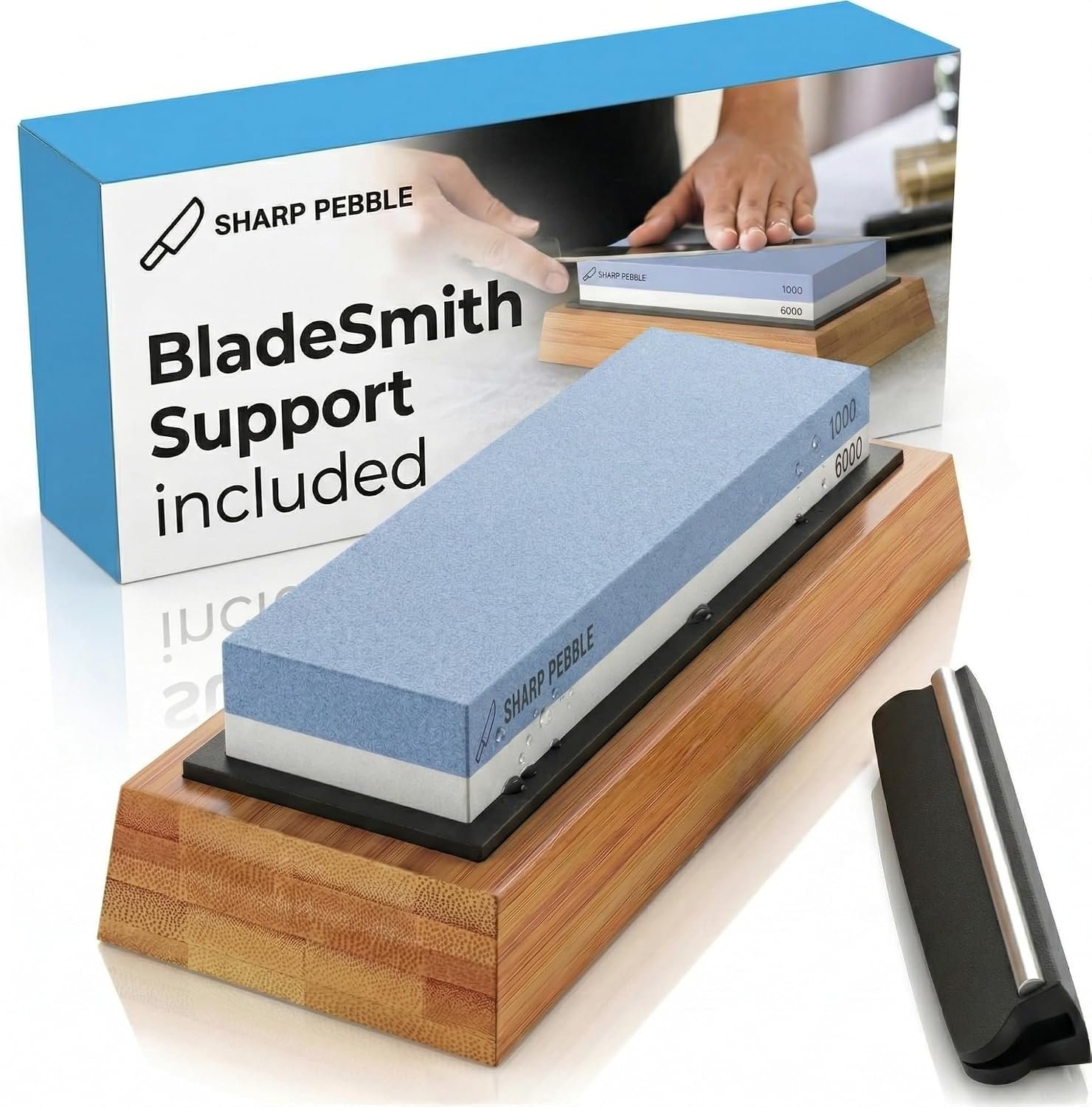 Sharp Pebble Whetstone Knife Sharpener – 1000/6000 Grit Sharpening Stone | Angle Guide for Foolproof Results – Wet Stone Sharpener & Honing Kit with Non-Slip Bamboo Base- Guided Beginner Instructions