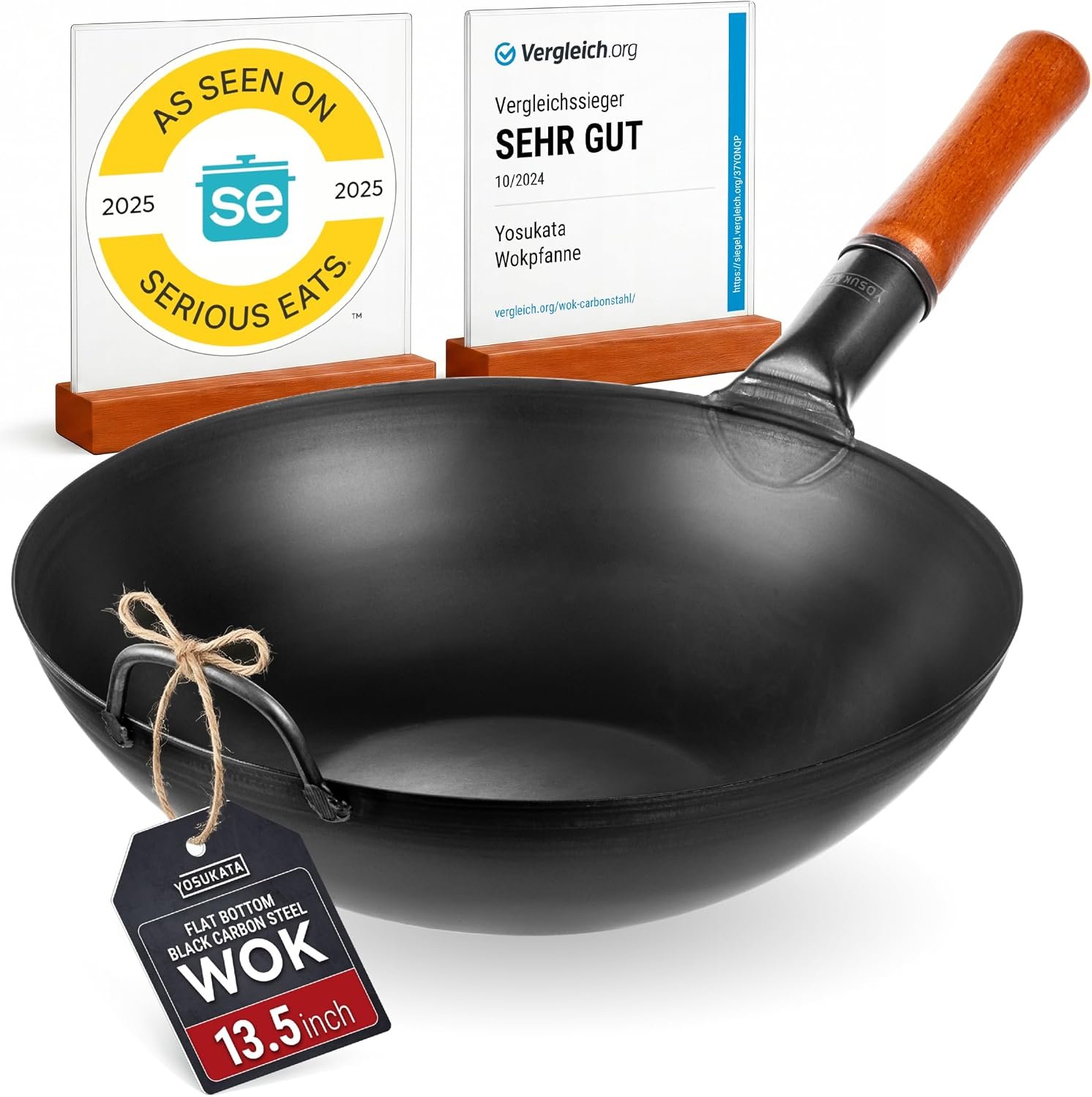 YOSUKATA 13.5″ Carbon Steel Wok Pan – Pre-Seasoned Flat Bottom Pow Wok for Stir Fry, BBQ, Grill & Camping – Traditional Japanese Chinese Cookware – Compatible with Induction, Electric, Gas, Open Fire