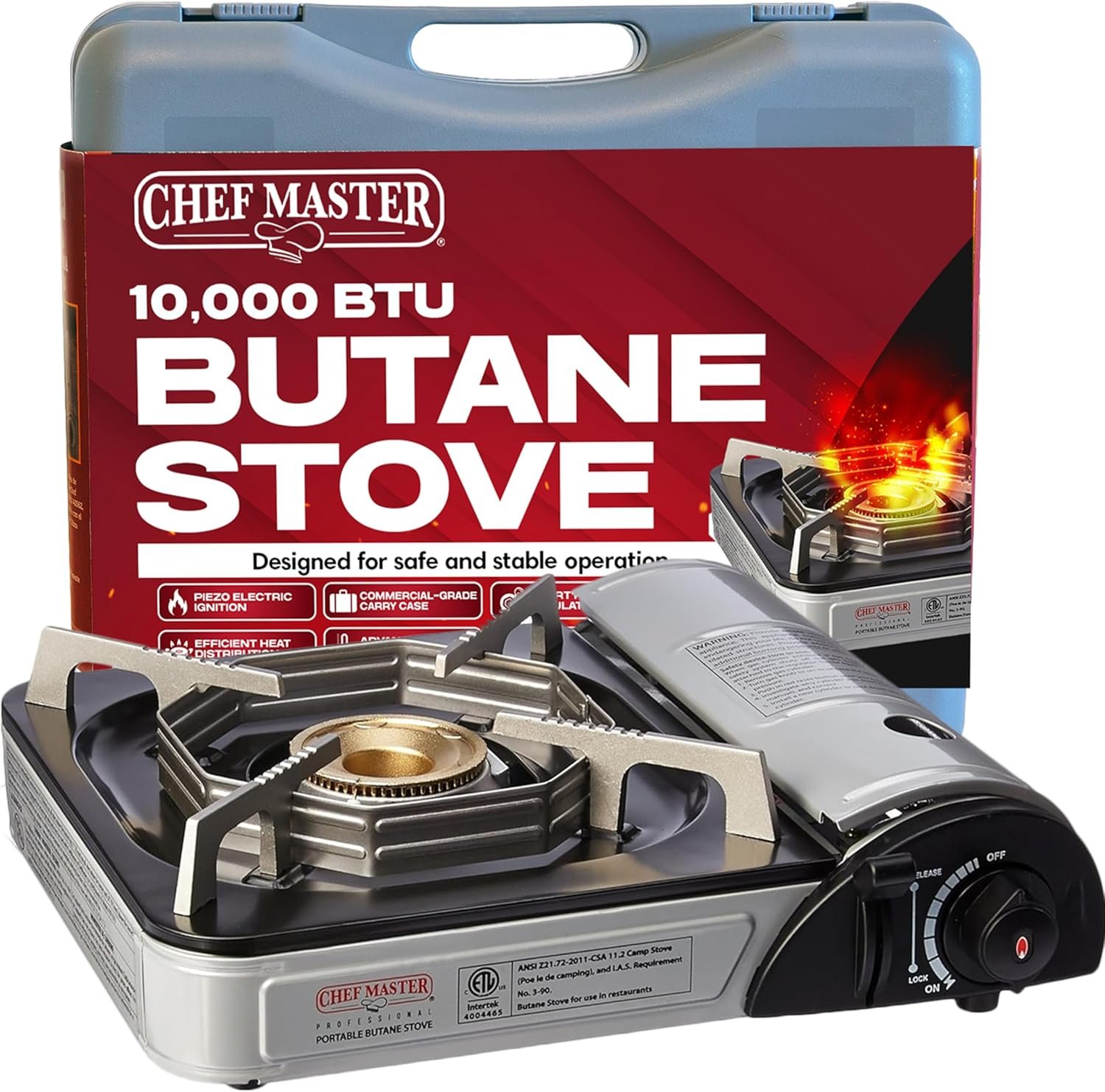Chef Master 90011 Butane Countertop Stove ONLY, Portable Camping Stove 10,000 BTU Output Brass Burner, Piezo Ignition Portable Stove with High-Impact Carry Case for Emergency Use & Outdoor Cooking