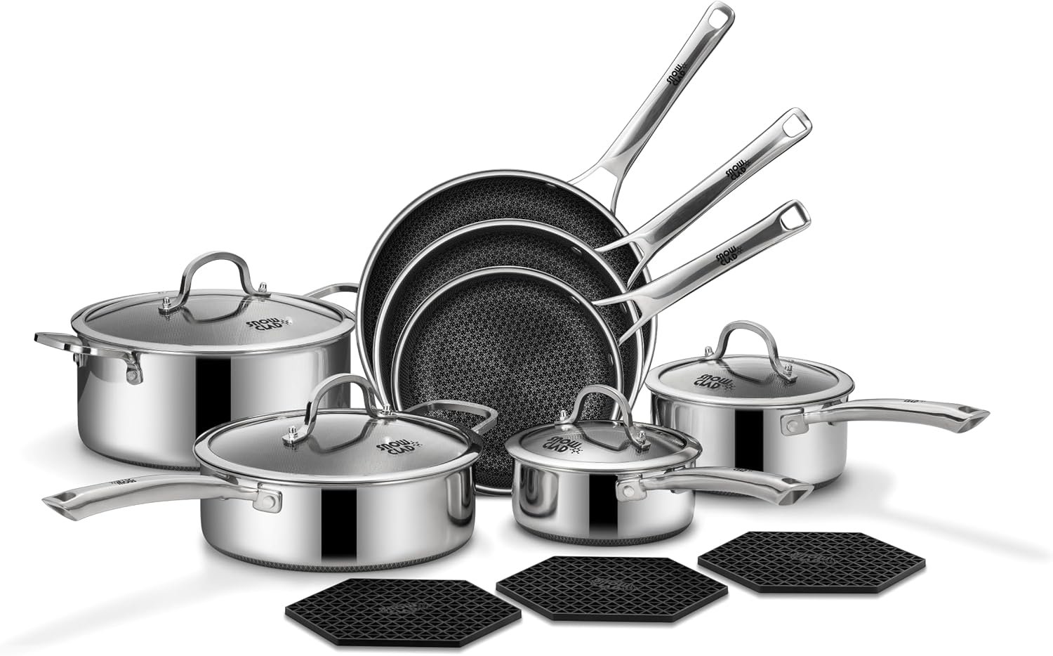 SNOWCLAD Pots and Pans Set Non Stick | Stainless Steel Kitchen Cookware | 14 Pcs | PFOA Free | Hybrid | Induction Compatible | Frying Skillet, Saucepans, Saute Pan & Stock Pot