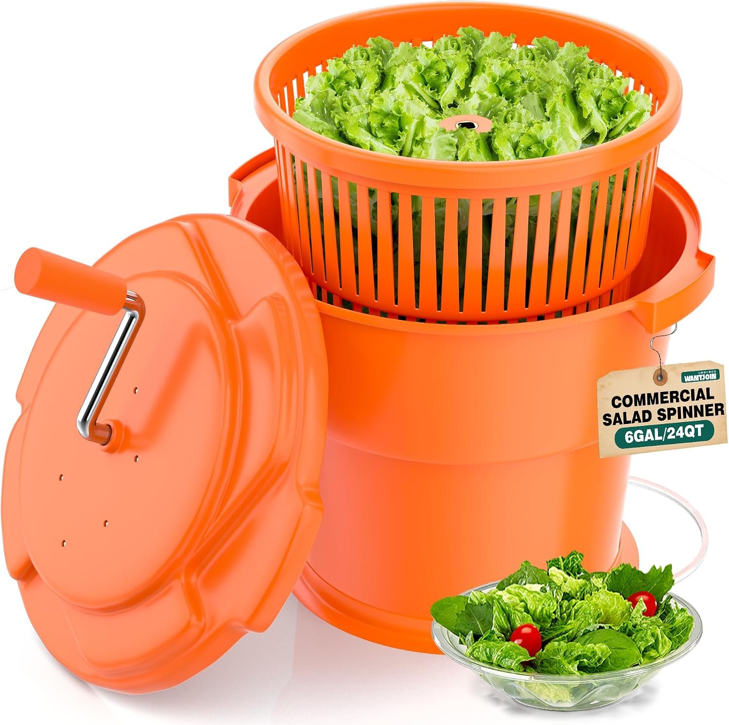 WantJoin Commercial Salad Spinner – [6 Gallon Salad Dryer] w/Silicone [Anti-slip Mat] & [Draining Hose], 24Qt Manual Salad Spinner for up to 7 Heads of Lettuce Spinner Large for Catering, Orange